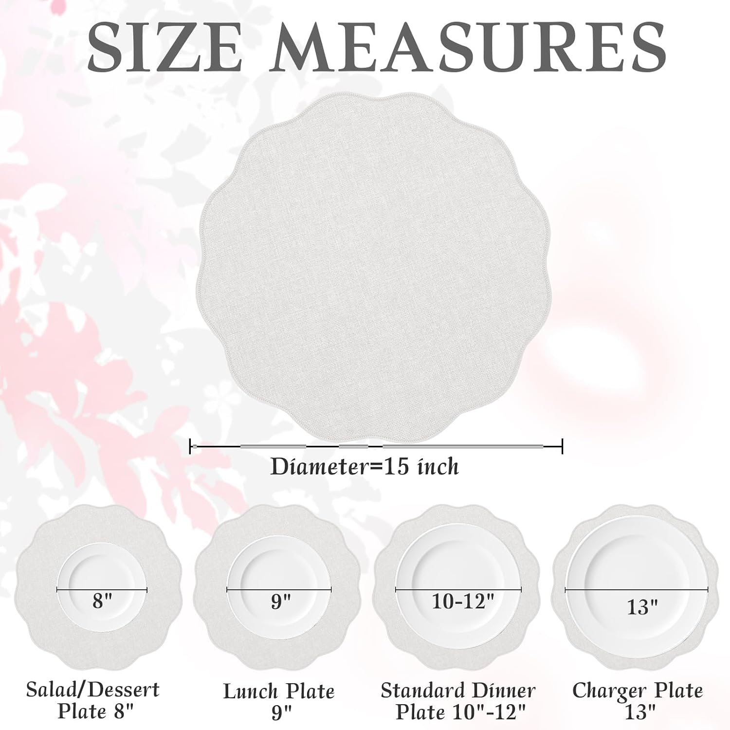 15 Inch Round Placemats Set of 6, Cotton Linen Washable Cloth Table Mats Scalloped Embroidery Washable Place Mats for Wedding Party Table Decor, White