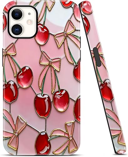 Aoldimu Bow Cherry Stained Glass Phone Case for iPhone 11 Case Cute Girly Design