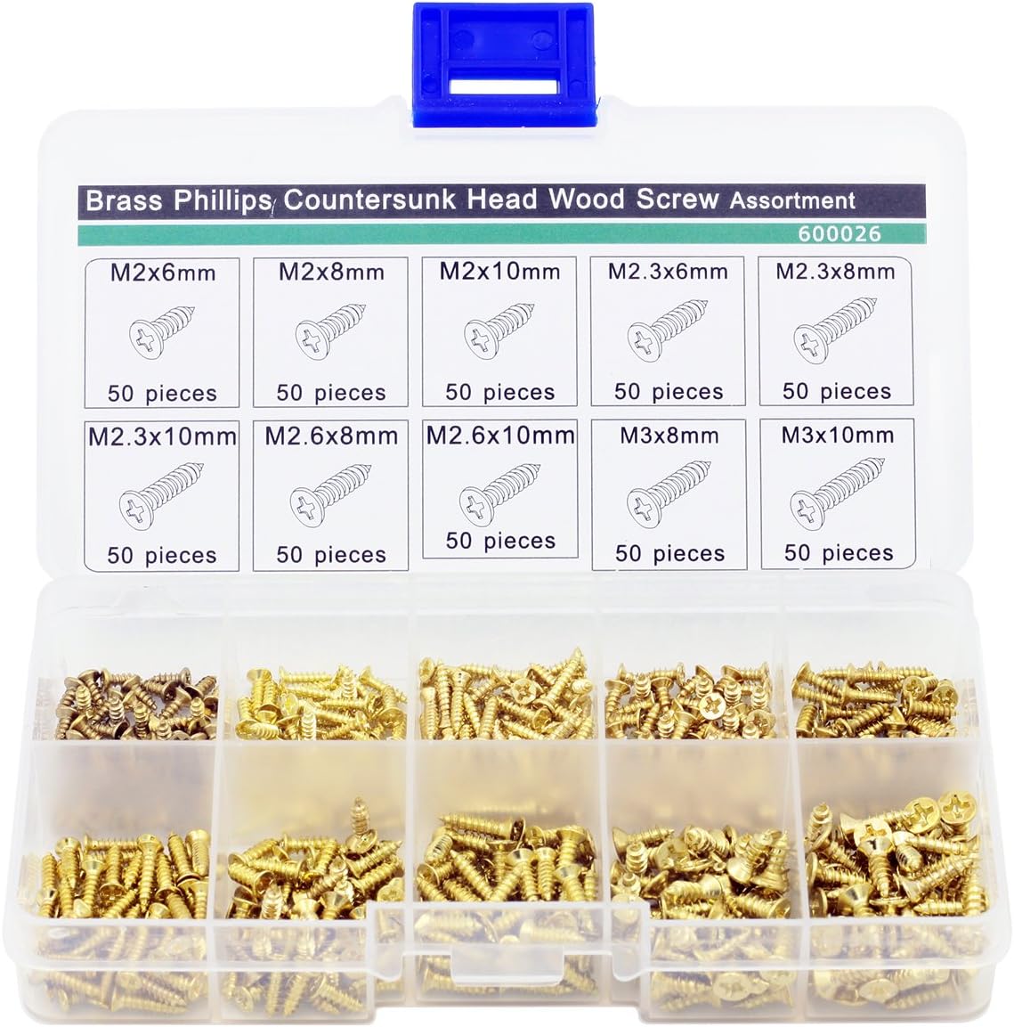 Brass Countersunk Head Wood Screw Assortment Kit,Pack of 500,Gold