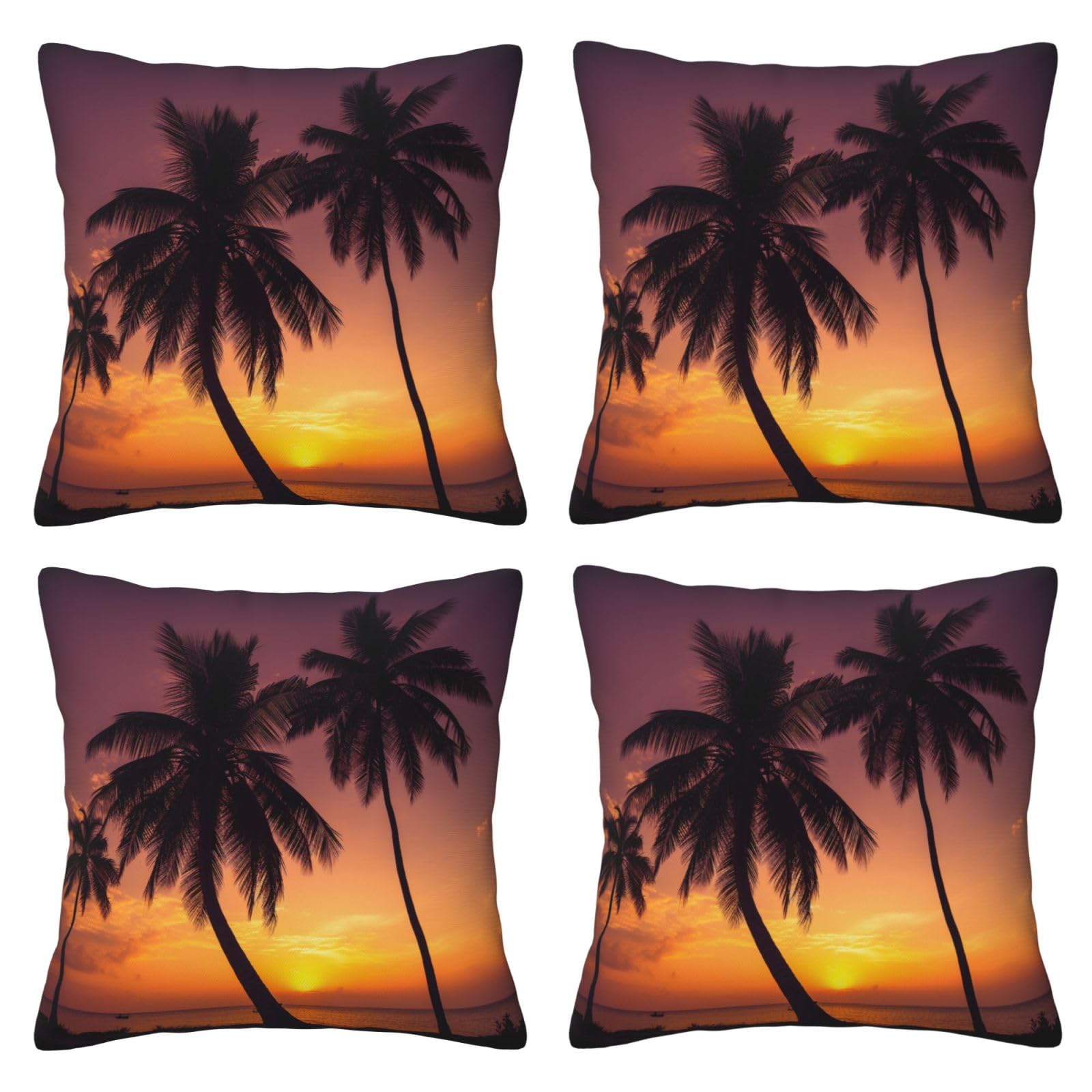 Palm Tree Sunset Throw Pillow Cases 4 Pack Square Pillowcases Super Soft Pillow Protectors With Zipper for Couch Livingroom Sofa Bed Office Car,30x30 CM