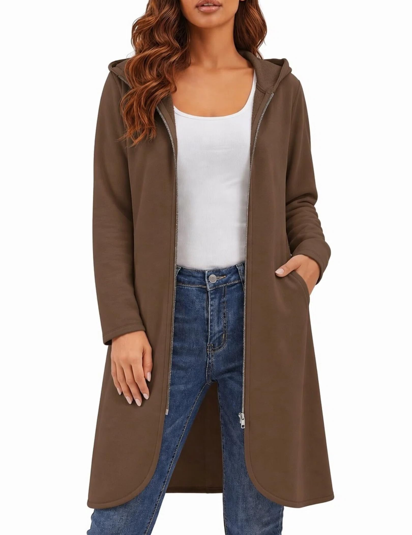 Zeagoo Felpa con cappuccio da donna sopra il ginocchio 2025 felpe con zip oversize moda lunga con cappuccio autunno inverno giacche in pile con tasche caffè grigio