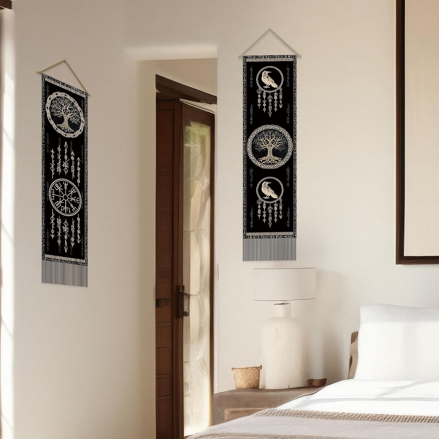 SUPERDANT 2PCS Viking Tapestry Dreamcatcherbols Wall Hanging Tapestries Long Vertical Tassel Tapestry with Pole Ropes for Bedroom Living Room Porch Hallway Home Decoration 45.6x13in Black-Tree of Life