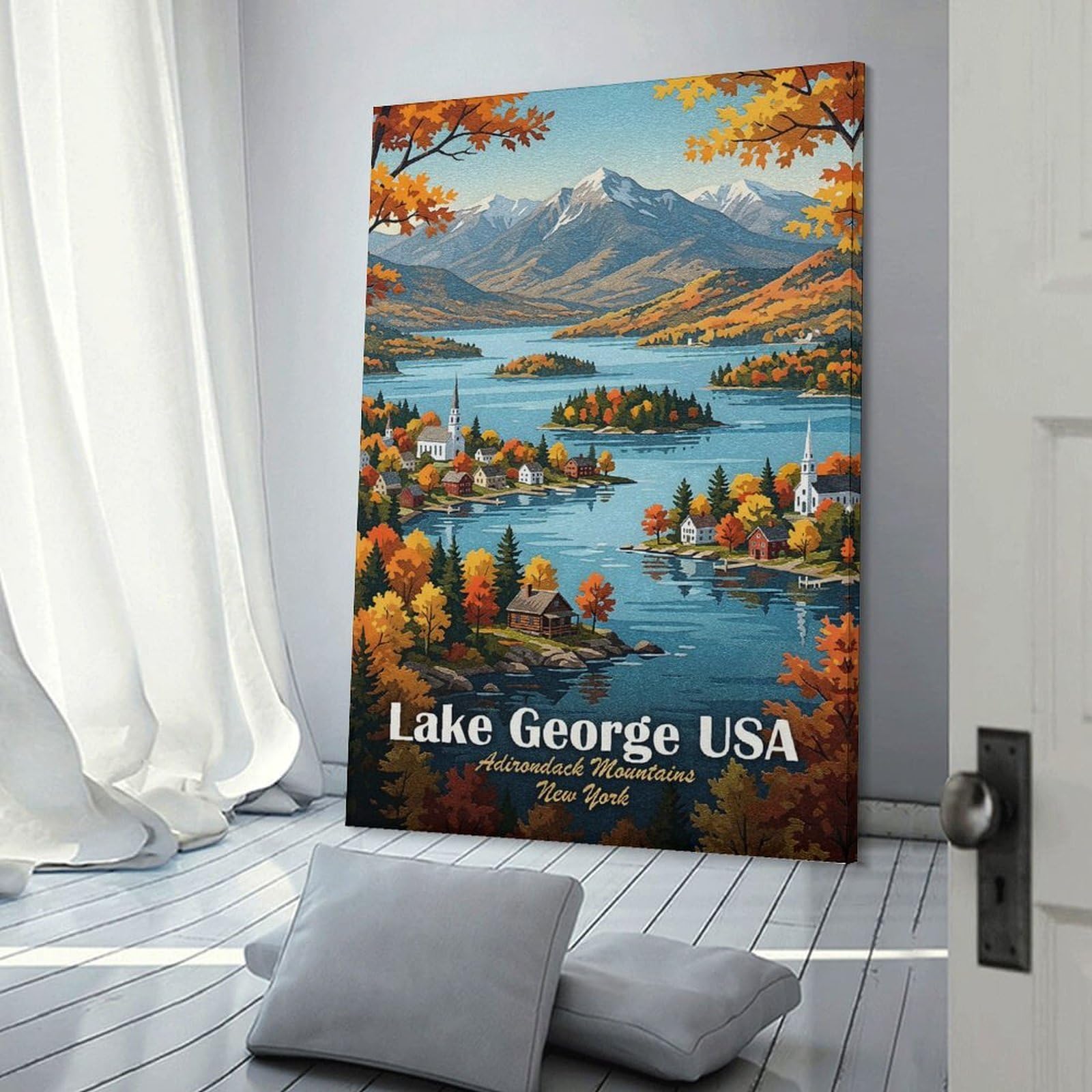 Junmoney Lake George USA Autumn Landscape Canvas Wall Art 16x24inch(40x60cm), for Wall Displays, Bedrooms Or Room Updates, Ideal for Building A Coordinated Art Wall