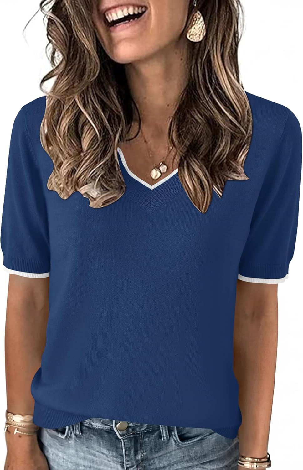 LOMON Womens 2026 Spring V Neck Sweater Casual Tops Short Sleeve Lightweight Ribbed Knit Pullover Sweaters - Image 2