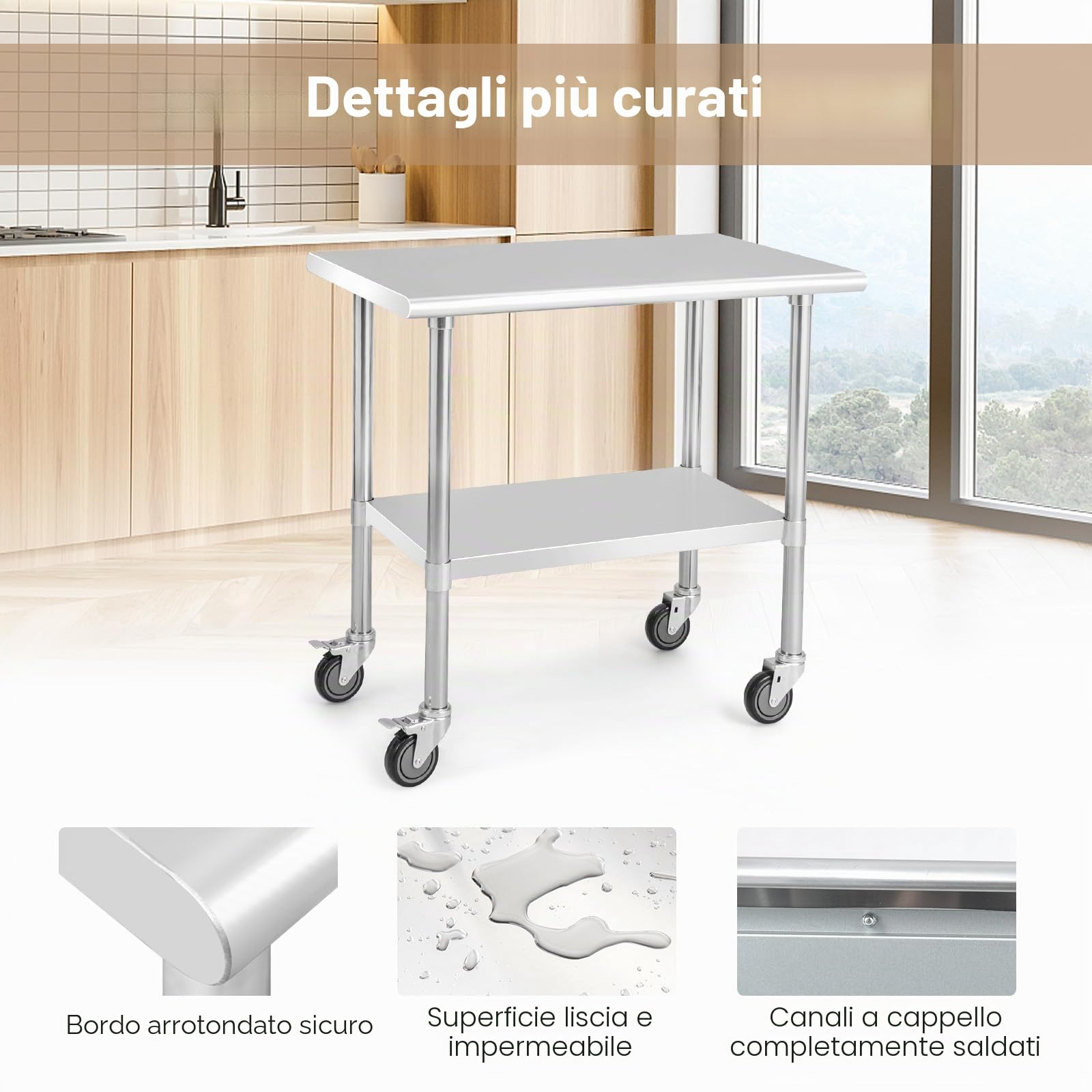 KOMFOTTEU, carrello portautensili in acciaio inox con ruote, altezza regolabile, tavolo da cucina per preparazione cibi a 2 livelli, tavolo smontabile con capacità di carico 250 kg per ristorante e