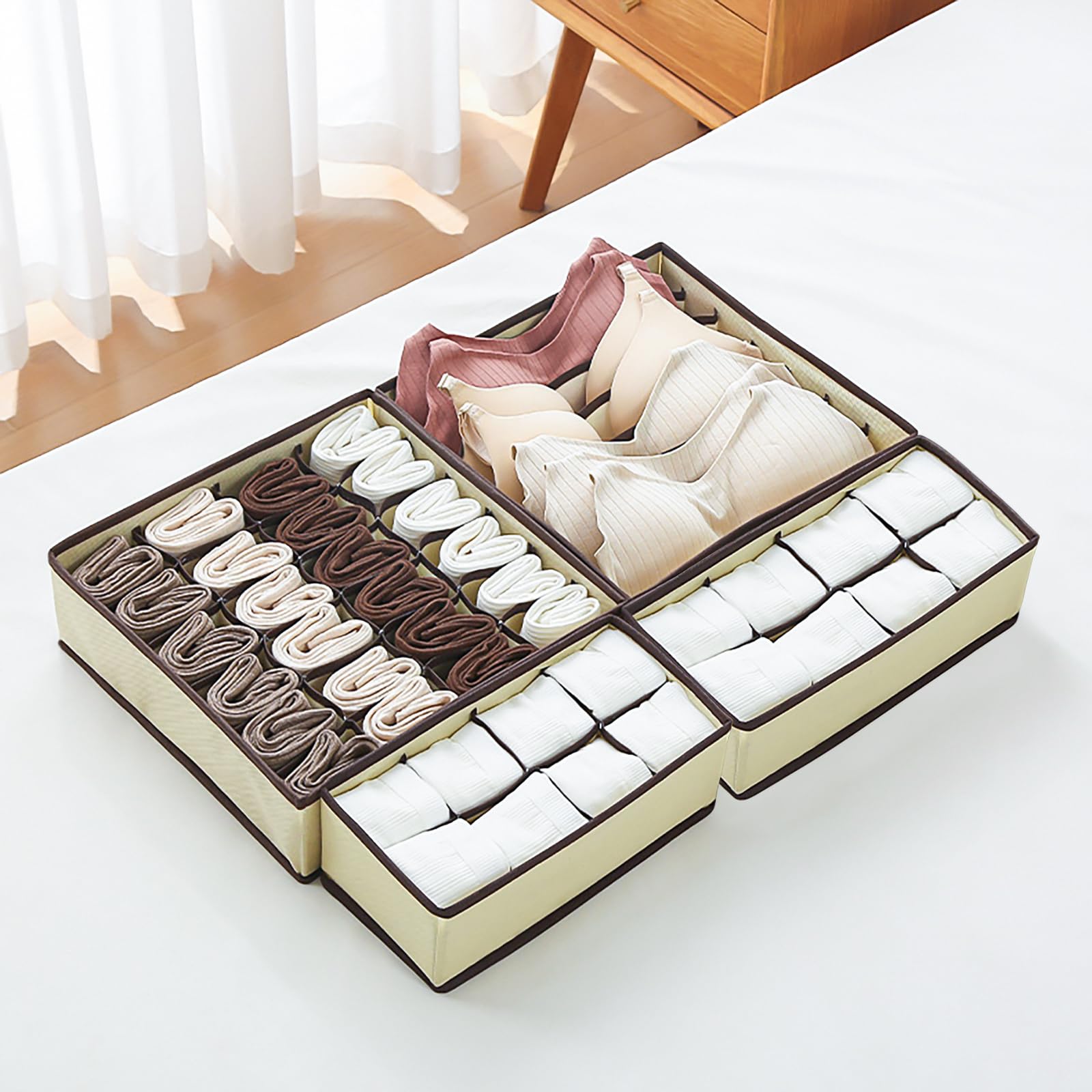 Braozaiw 4 Pack Fabric Drawer Organisers, Foldable Storage Bins for Underwear Socks & Clothes, （Beige）