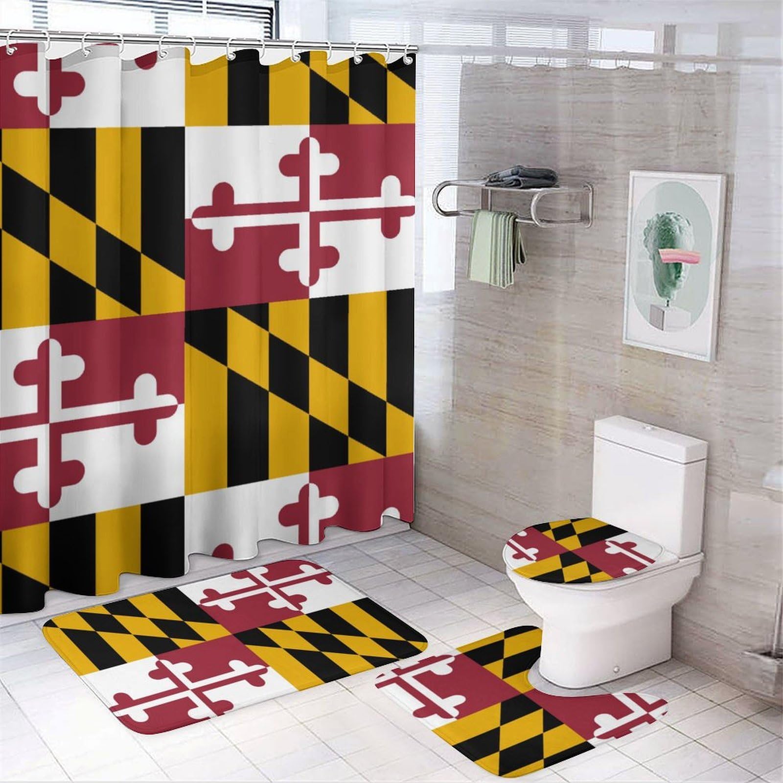 JZemdybill Bathroom Mat Set 4 Piece, Flag of Maryland Shower Curtain with Non-Slip Bath Mats for Bathroom