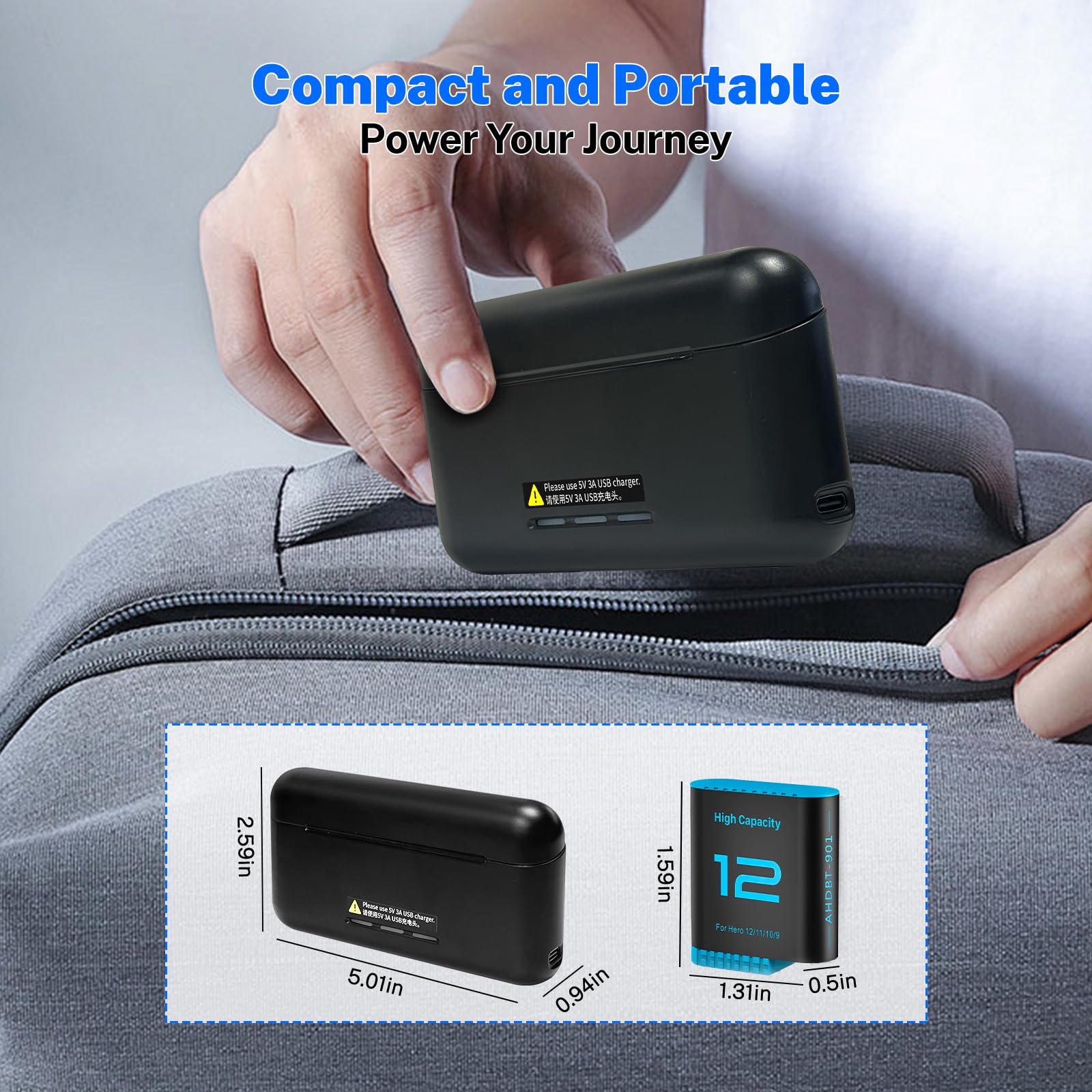 3 Stück 2580mAh Akku für Gopro Hero 12/Hero 11/Hero 10/Hero 9 mit 3-Kanal Typ-C Akku-Ladestation USB-C-Aufladen