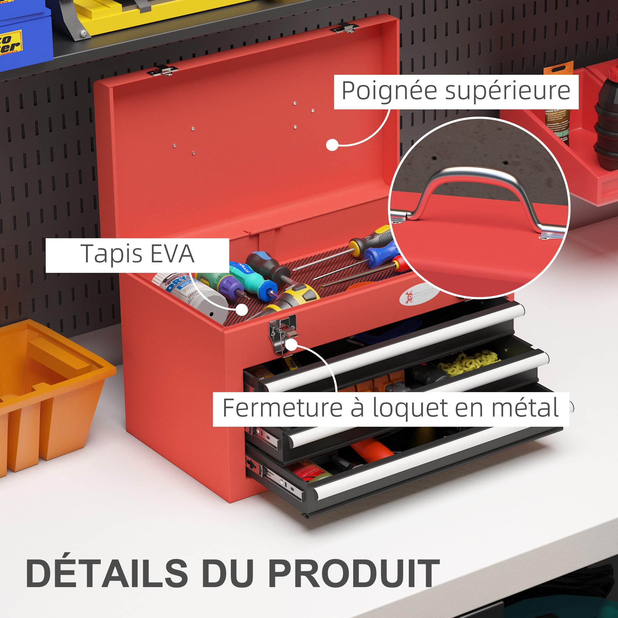 DURHAND Caisse boite à outils en acier 3 Tiroirs 45L x 24l x 27H cm Rouge