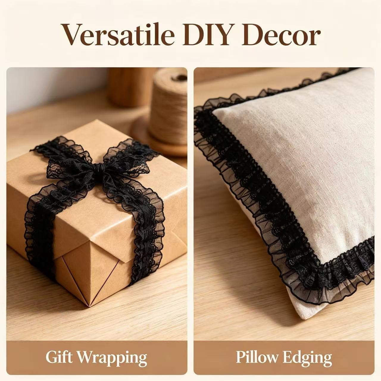 5 Yards Double Layer Ruffle Lace Trim, 2.2 Inch Pleated Lace Ribbon for Sewing, DIY Crafts, Wedding Dress, Curtain, Pillow, Clothing Embellishment (Black)