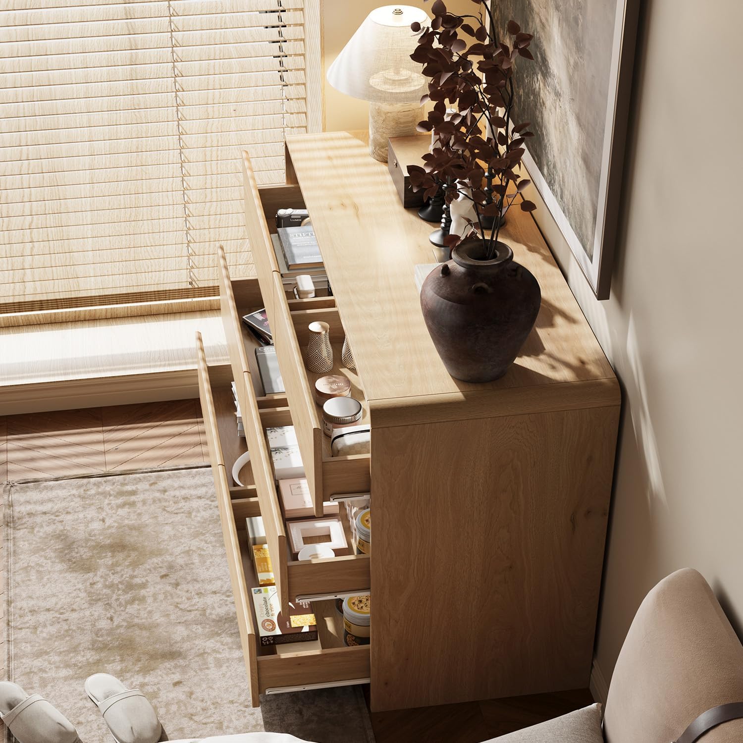 6 Drawer Dresser for Bedroom, Curved Edge Design Modern Dressers & Chest of Drawers, 47" Wide Nursery Dresser Natural Oak