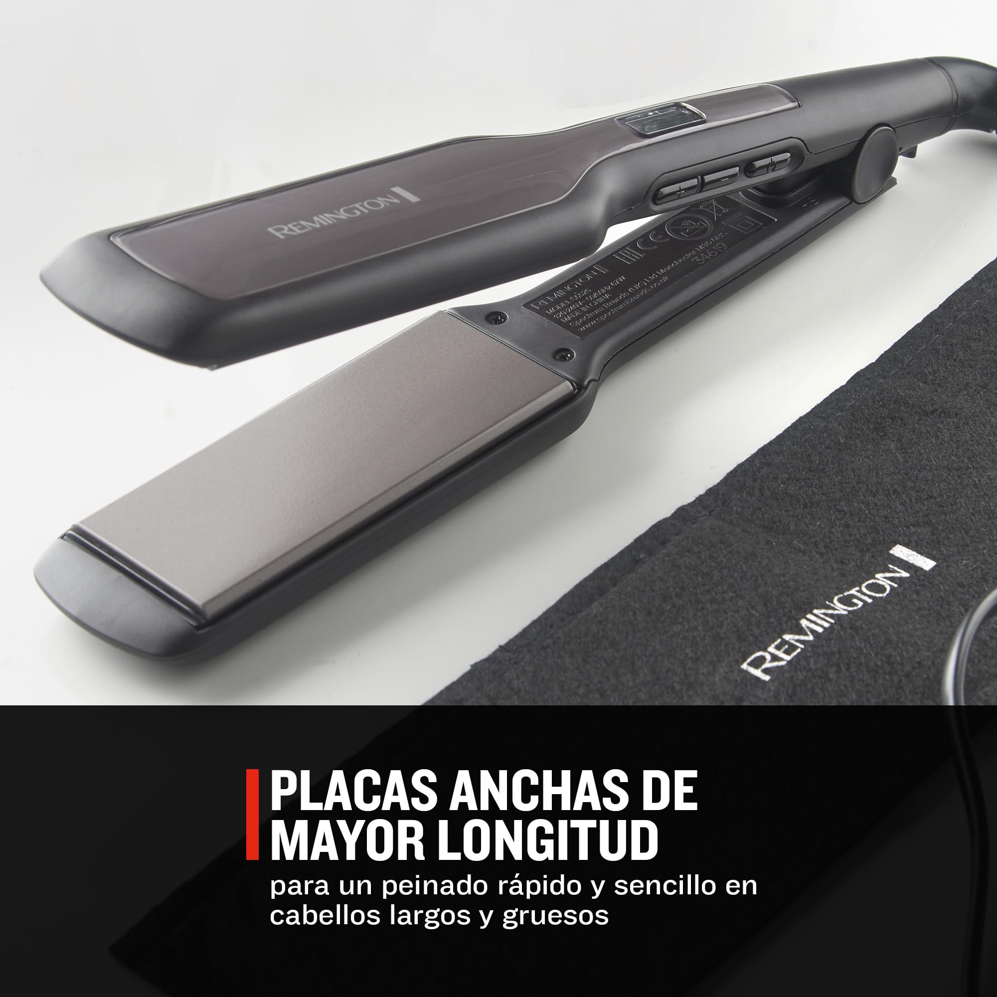 Remington Plancha de Pelo Ancha Pro Ceramic Extra, Cerámica Avanzada Ultra, Placas Flotantes, Temperatura hasta 230°C, Función Turbo y Bloqueo Temperatura, Digital, Calentamiento 15s, S5525