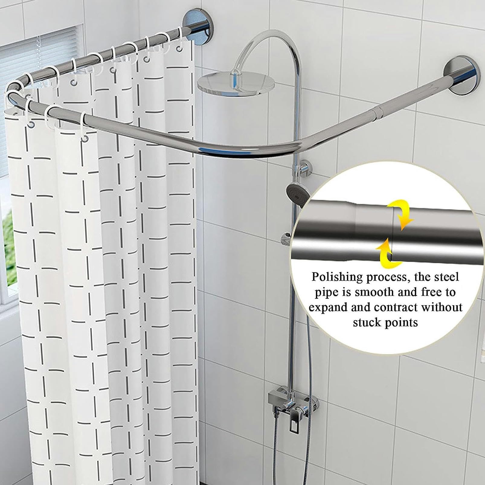 Barre De Douche Extensible Angle,Tringle Rideau De Douche en U Courbée,Télescopique INOX Tringle Douche Suspendue,Percage/sans Percage,Tringle Douche incurvée