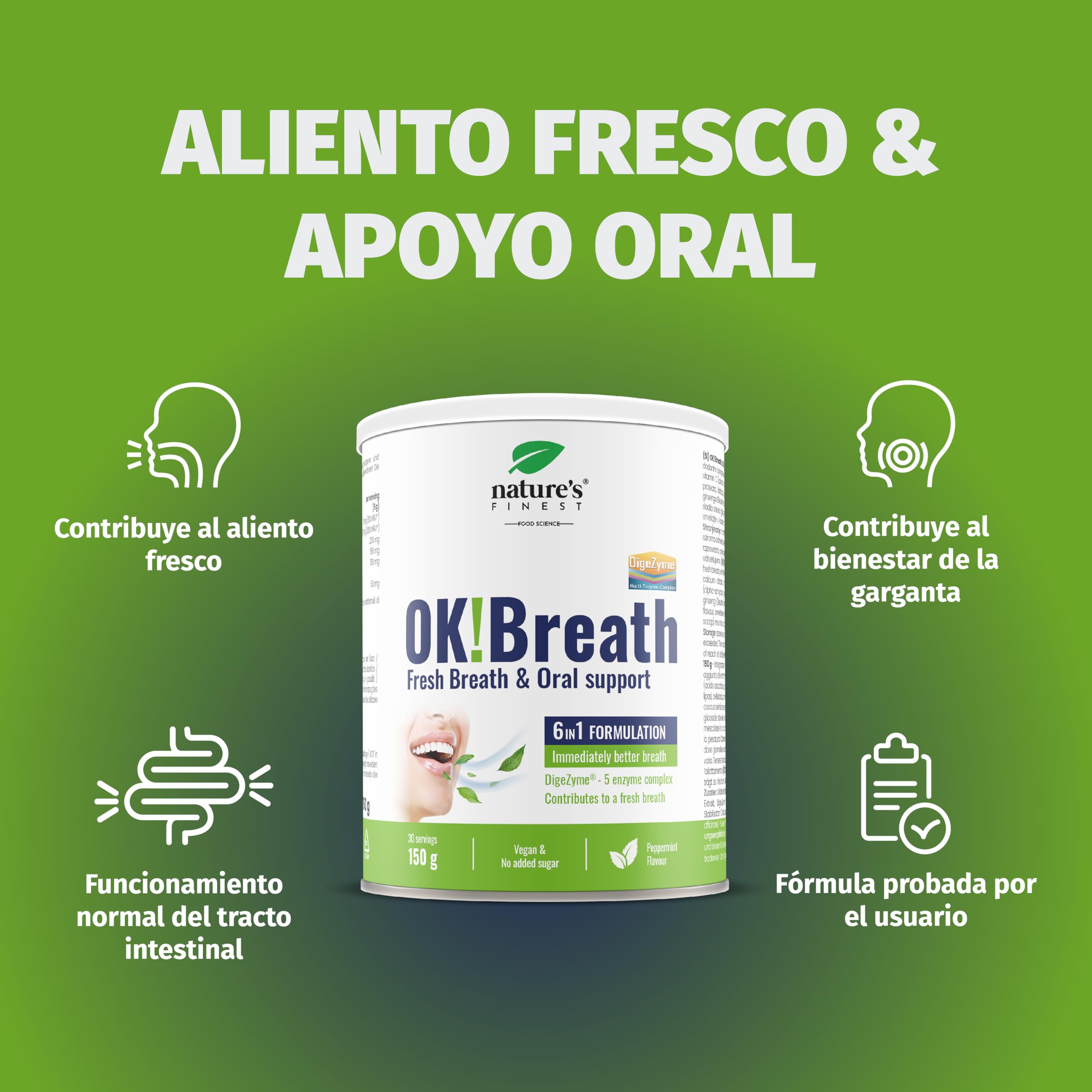 Nature's Finest OK!Breath, Bebida en Polvo 300 g (Paquete de 2) | bebida en polvo 6 en 1 con tomillo, DigeZyme, ginseng siberiano, jengibre, calcio y vitamina C - sabor limón y menta