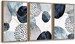 NINEASO Abstract Geometric Framed Wall Art – Deep Blue and Brown Minimalist Canvas Pictures Indigo Shapes Painting Artwork for Living Room, Office & Home Wall Decor 60 x 40cm * 3, Natural Wood Frame