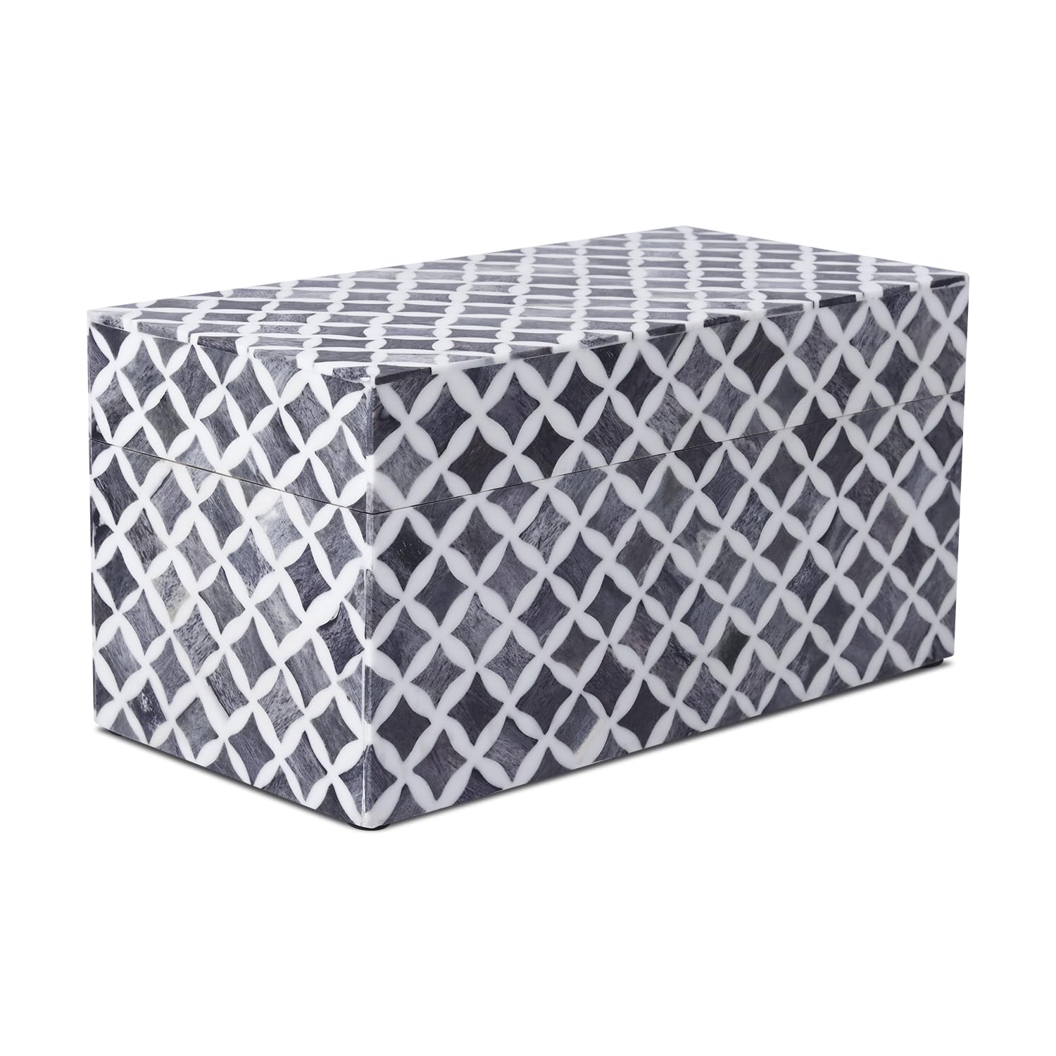 Handicrafts Home Slate-White-Star Large Decorative Storage Box With Lid, Moroccan Memory Keepsake Storage Box, Deep Jewelry Storage Organizer, Bone Inlay Resin Wooden Coffee Table Decor Box, Black & White, 10 X 5 X 5