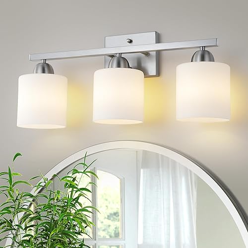 Lámpara de tocador de baño de acero inoxidable con cristal de leche sobre el espejo, 3 lámparas de baño de níquel cepillado con vidrio esmerilado,