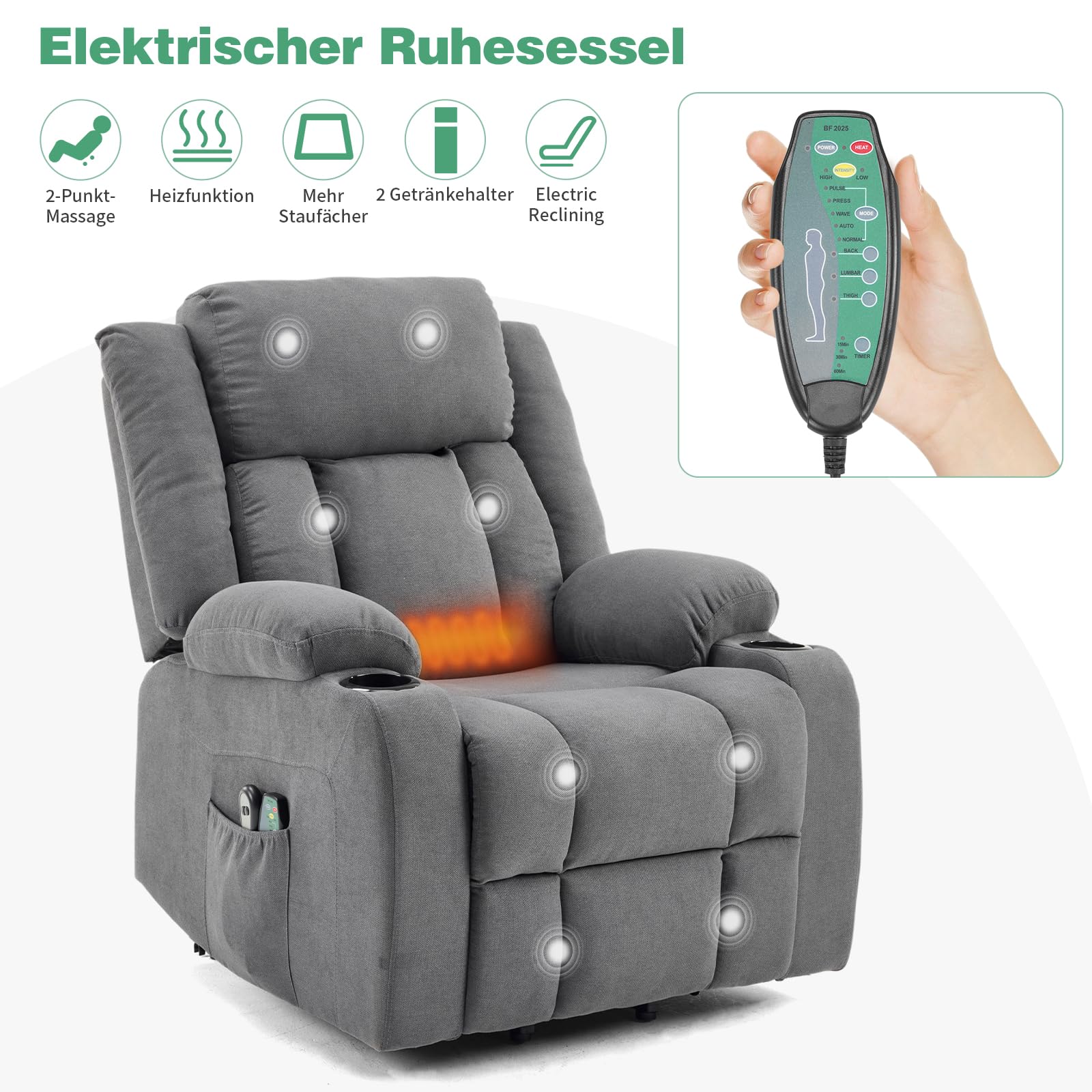 LEADZM Poltrona relax con ascensore, poltrona massaggiante elettrica con funzione sdraiata, riscaldamento massaggiante, 2 tasche laterali, supporto per bevande, sedia reclinata, poltrona TV, grigio