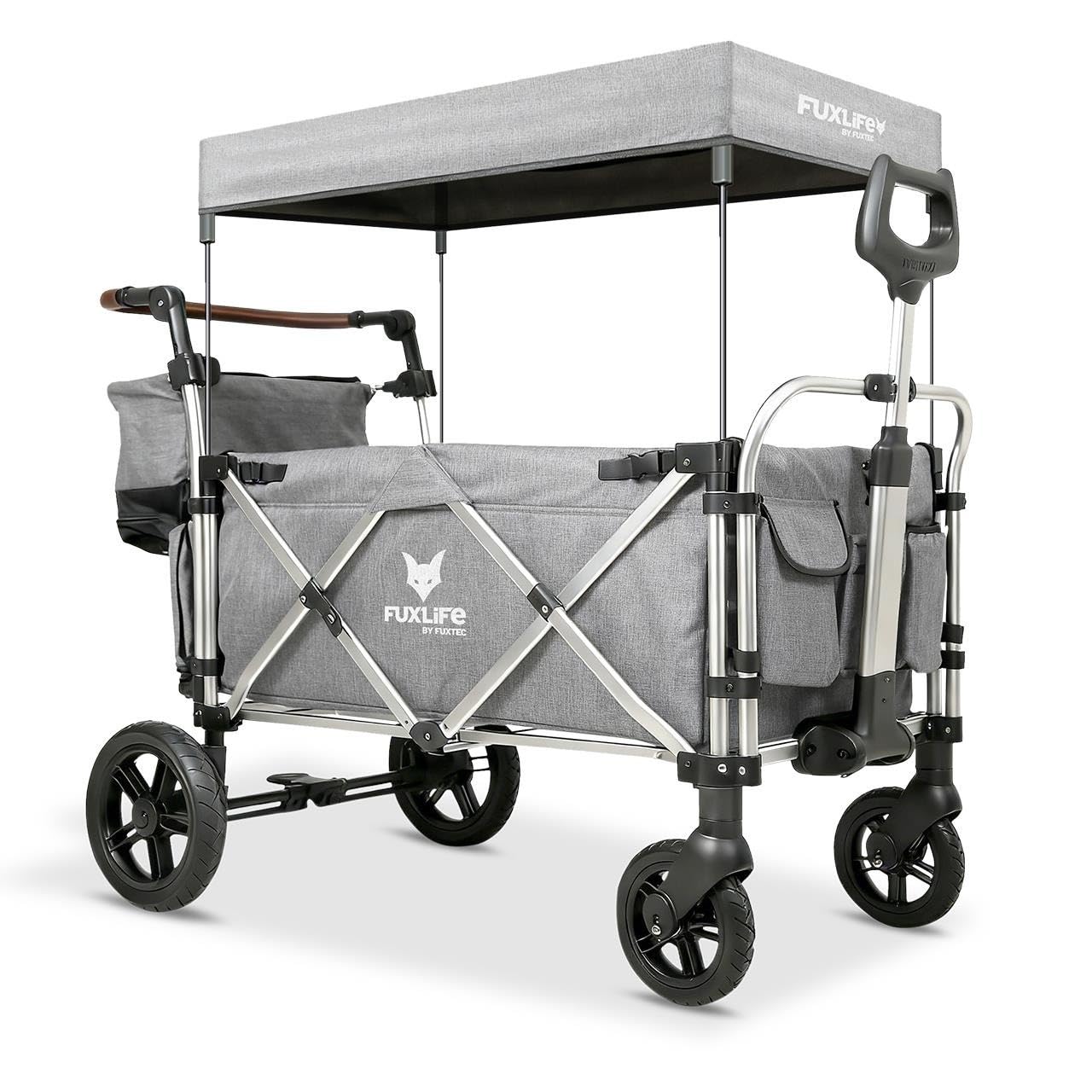 FUXLIFE Chariot Pliable Enfants FX-CTL950 Gris – Chariot de Transport avec Toit Solaire, Harnais 5 Points, Roues à Suspension