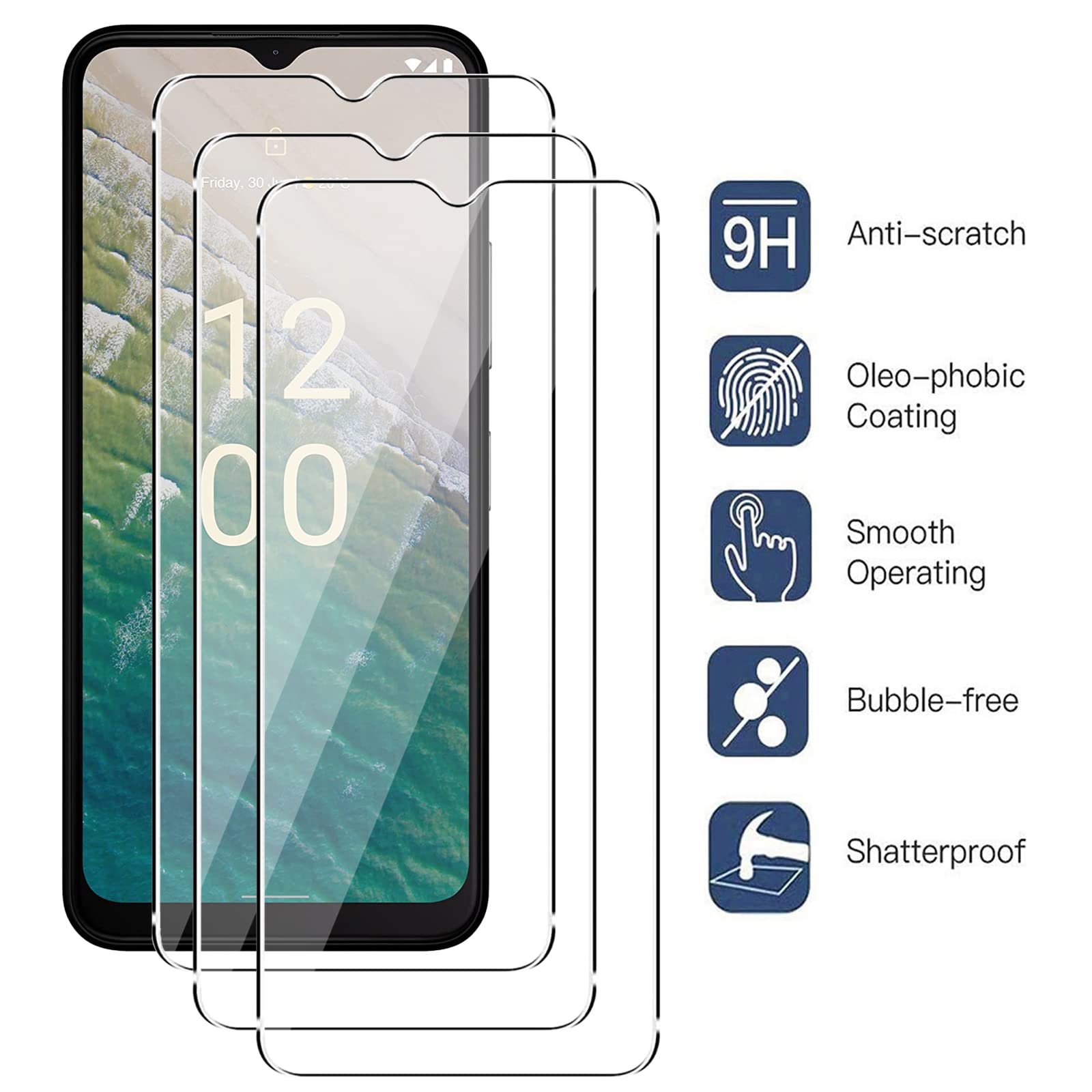 Cover Per Nokia C32 Completa Di 3 Protezioni In Vetro Temperato: Custodia Morbida In Silicone E TPU Antiurto, Nera