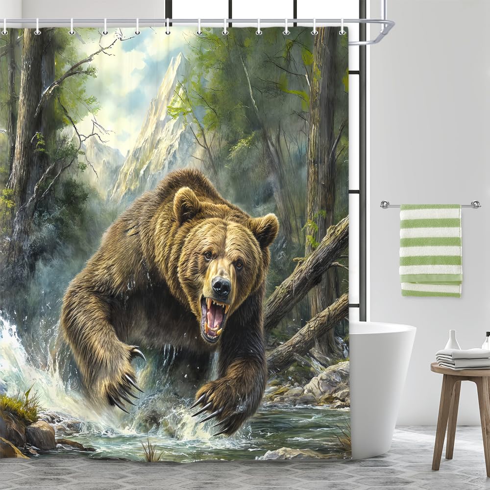 Rustic Bear Shower Curtain - Forest Country Nature Funny Animal Mountain Brown Bear Hunting Camping Waterproof Fabric Bath Curtain Wildlife Farmhouse 69X70inch