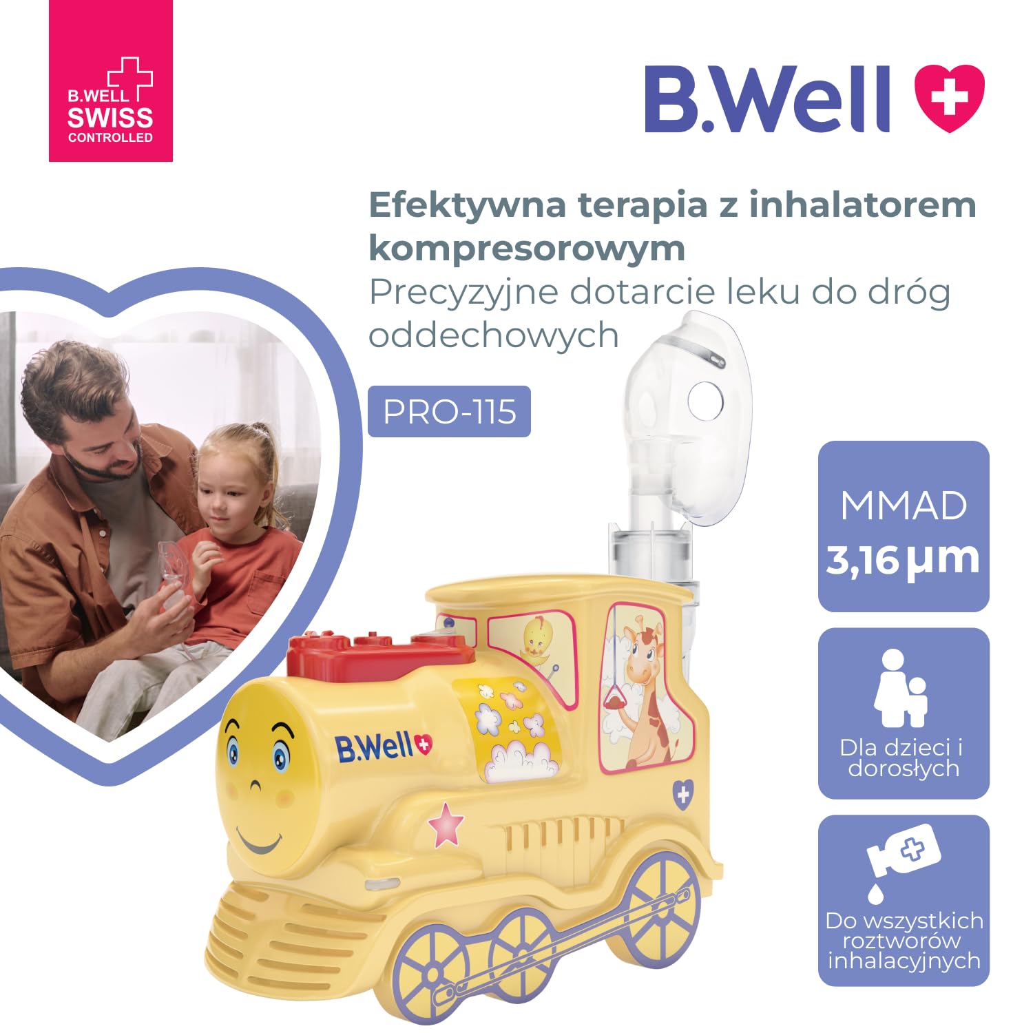 INHALATOR NEBULIZATOR TŁOKOWY B.WELL DLA DZIECI I DOROSŁYCH 3 MASKI