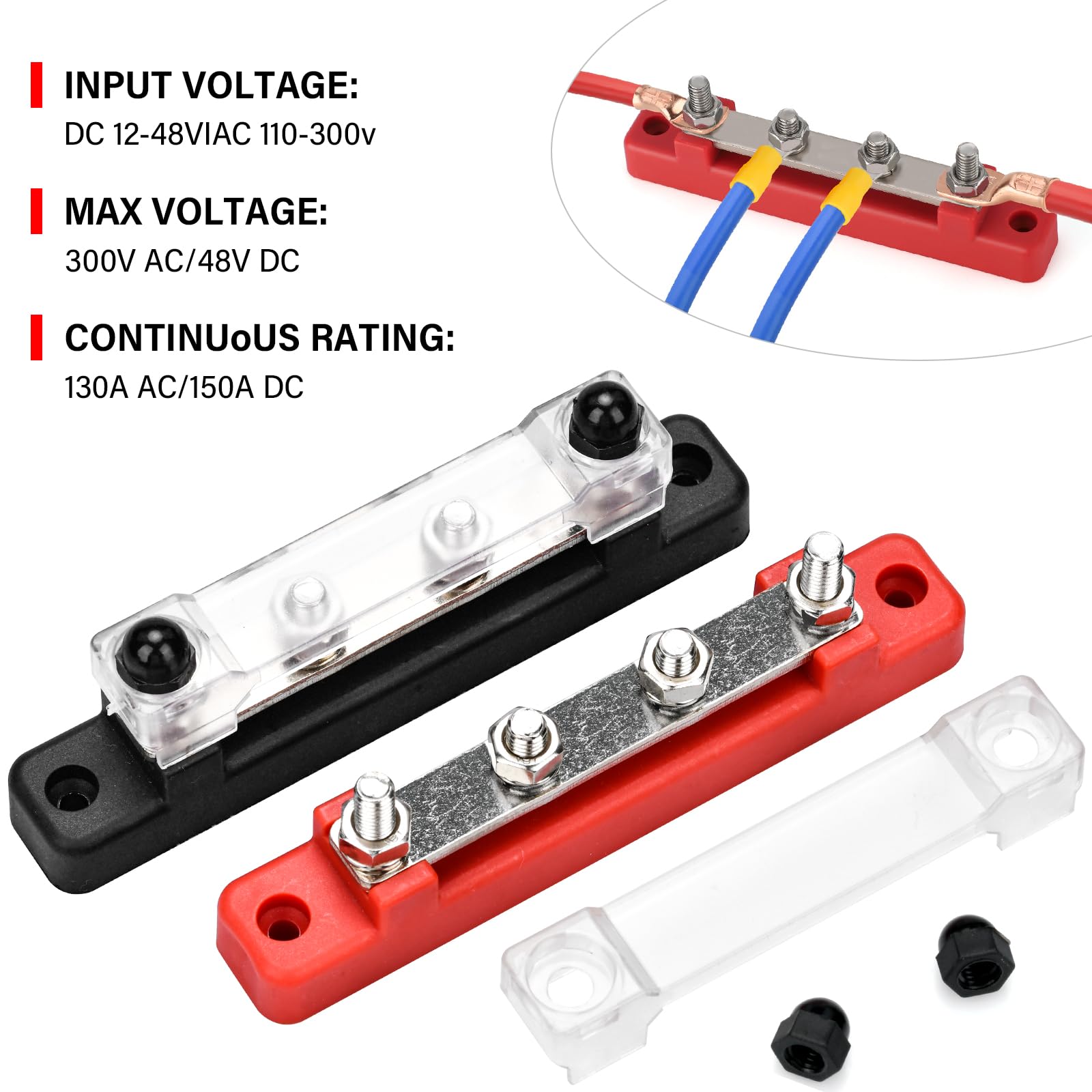 2 Pièces Bloc de Distribution D'alimentation 12V-48V DC BusBar 150A 4 x M6 Boulons de Borne pour Navires/Yachts/Camping Cars(Rouge/Noir)