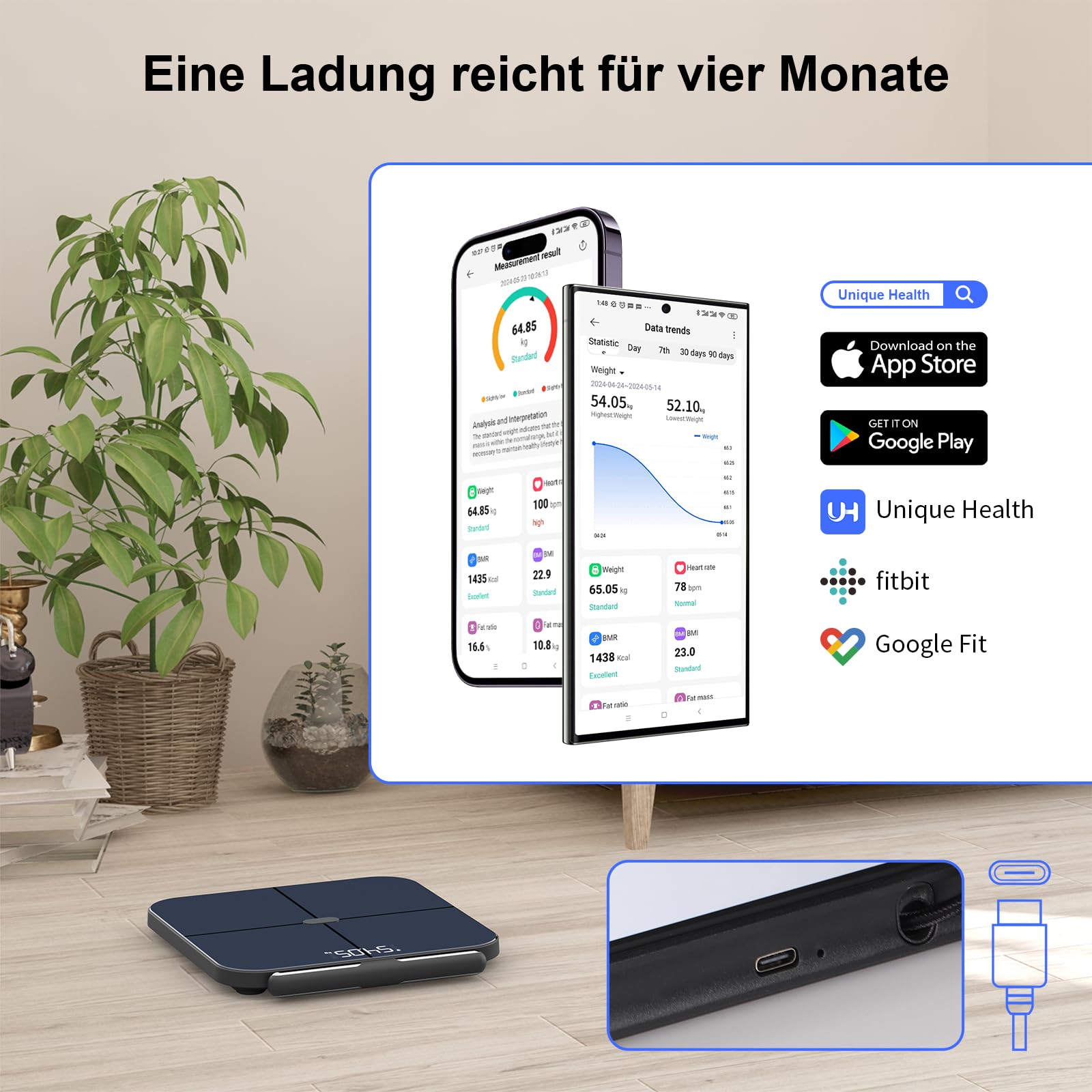 Healthkeep Personenwaage, Impedanzmesser, vernetzt, WLAN & Bluetooth, mit 8 Elektroden, hohe Präzision, 46 Körperdaten, für App, inklusive Android und iOS, Kapazität 180 kg/400 lb, 30 x 30 cm