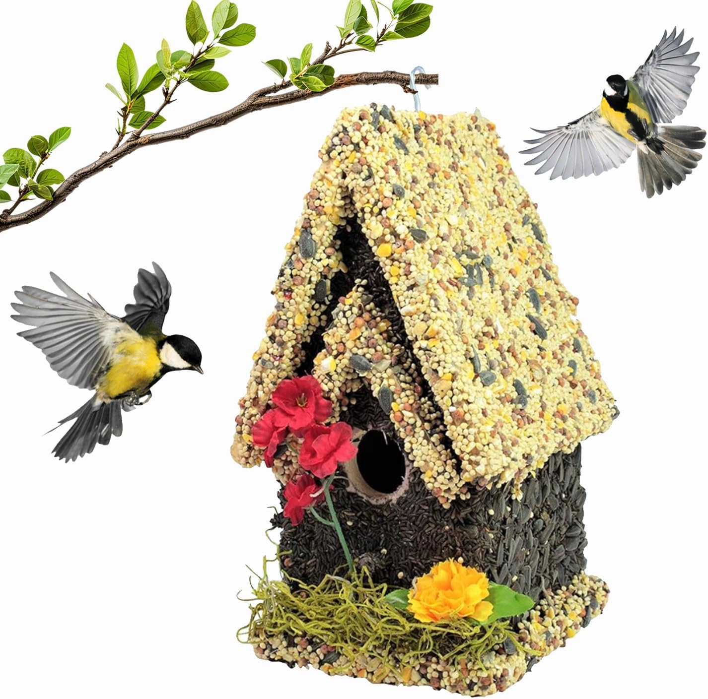 Edible Birdhouse - Birdseed Bird Feeder, Wooden Birds House Covered in Wild Bird Food, Squirrel Resistant Birds Feeders for Outside Hanging, Watching Gift for Garden Lovers, (TL)