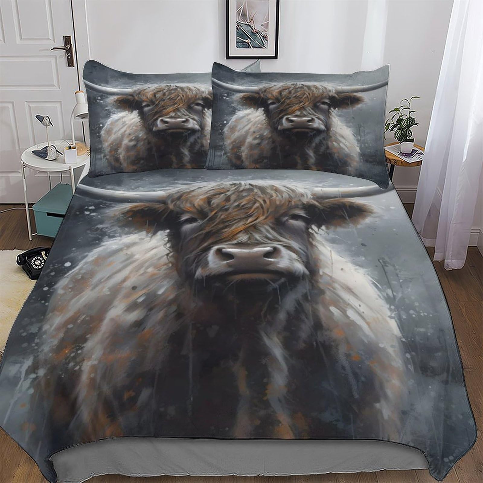 AASWDFR Highland Cow Duvet Cover Set Microfibre Soft Quilt Covers 3 Pieces Bedding Cover with Pillowcase For Boys, Girls And Teenagers Double (200x200cm)