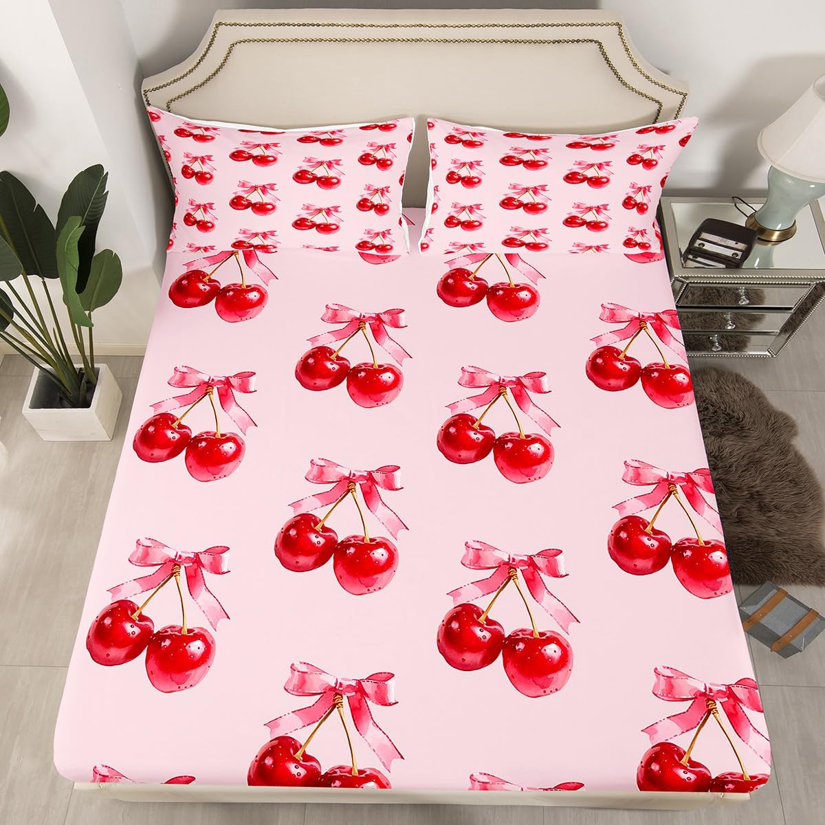Red Cherry Bed Sheets Luxury Cherry Bow Fitted Sheet Twin Size,Girly Coquette Bedding,Princess Bow Knot Sheets,Cute Fruit Bed Set