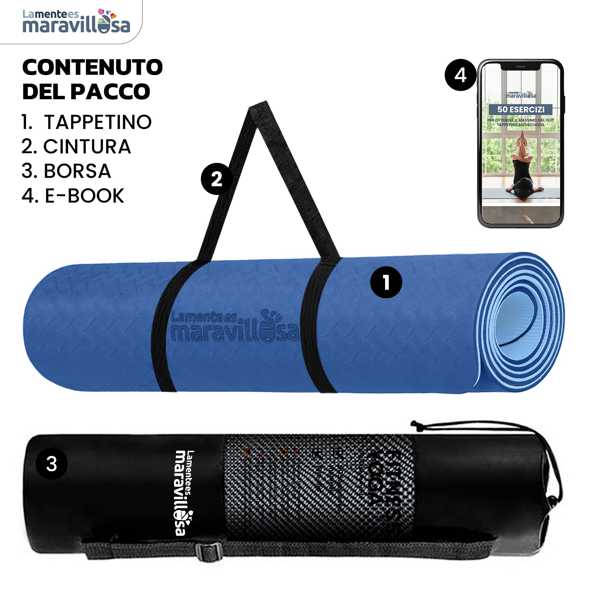 LA MENTE ES MARAVILLOSA - Tappetino Yoga e Pilates Antiscivolo in TPE, 183x61 cm, Spessore 6 mm, con Custodia, Tracolla ed E-Book, Materassino per Allenamento, Stretching e Meditazione