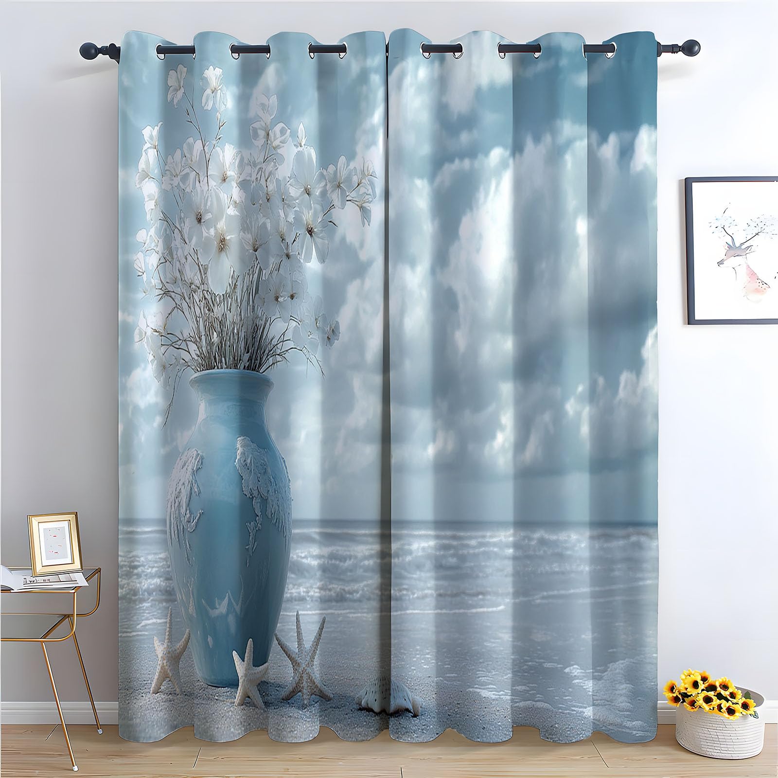 WIKEO Floral Blackout Curtains for Living Room Bedroom Beach Shells Flower Scenery Eyelet Curtain Botanical Thermal Insulated Noise Reducing Drapes Window Treatment-52 W x 96" L (Pack of 2)