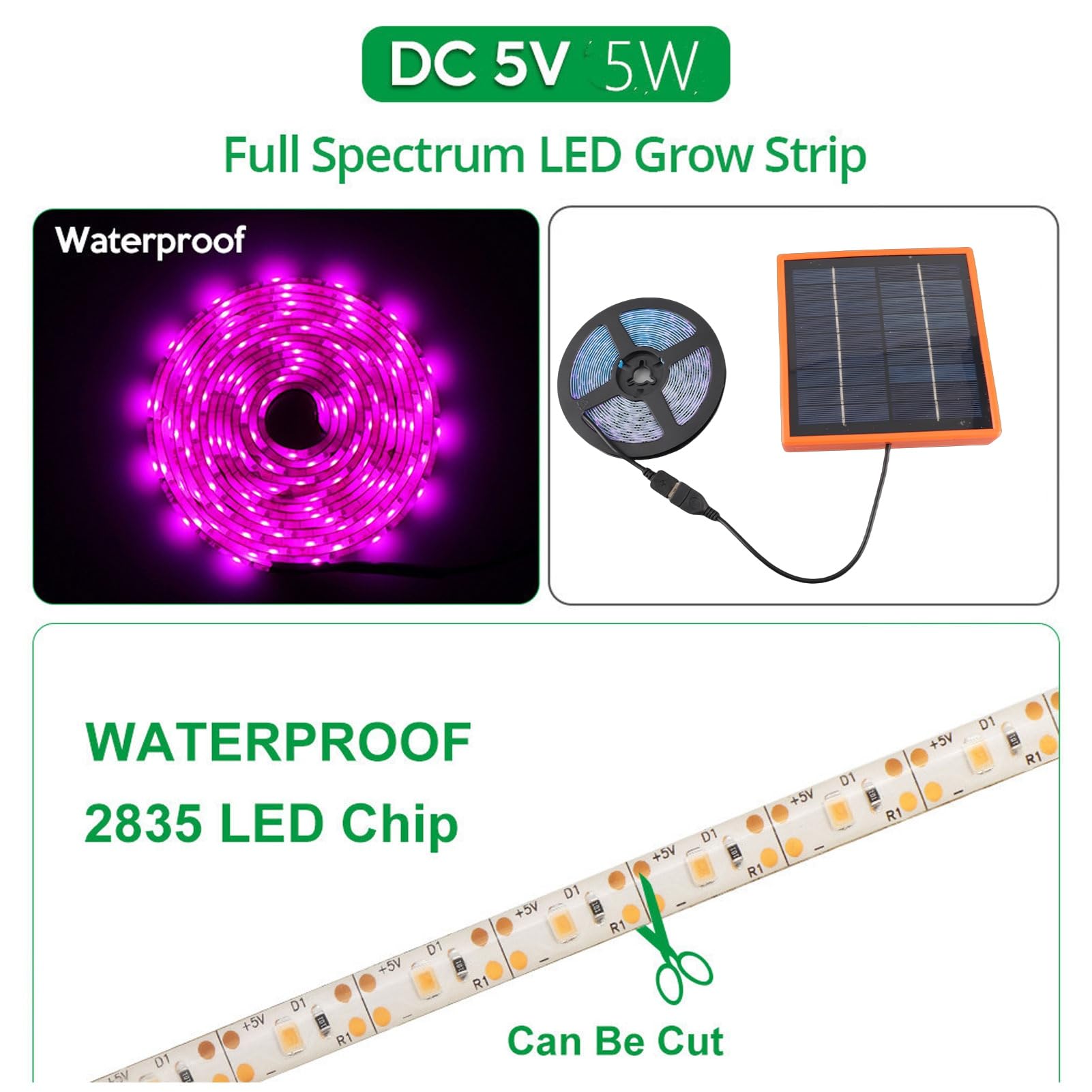 Lumière de Croissance de Plantes Solaires 5V, Bande de Lampe à LED de 16,4 Pieds, Lampe de Culture de Plantes à Spectre Complet à LED D'extérieur Solaire pour le Jardinage Sous Serre