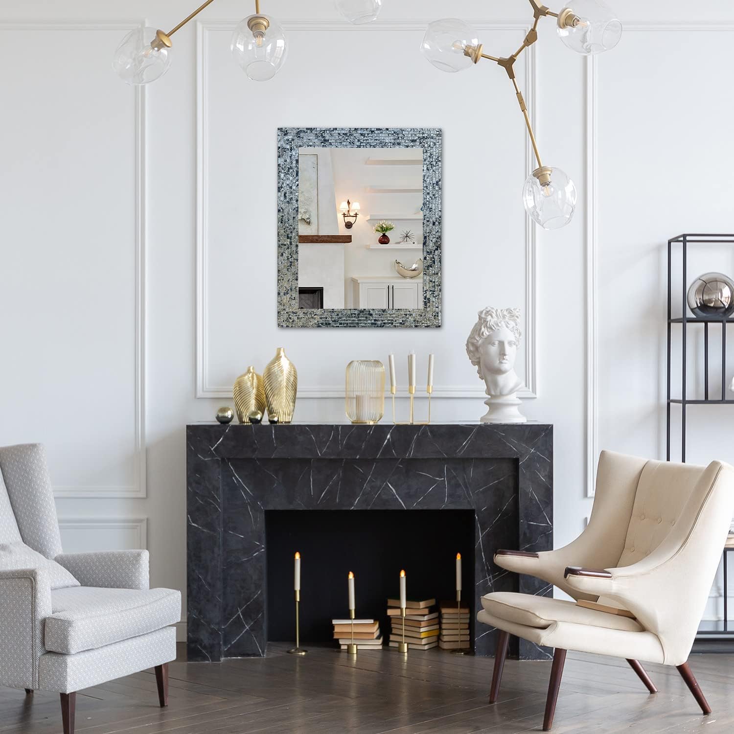 Multi-Colored Cobalt Blue & Silver, Luxe Mosaic Glass Framed Wall Mirror, Decorative Embossed Glass Mosaic Rectangular Vanity Mirror/Accent Mirror (30" X 24")