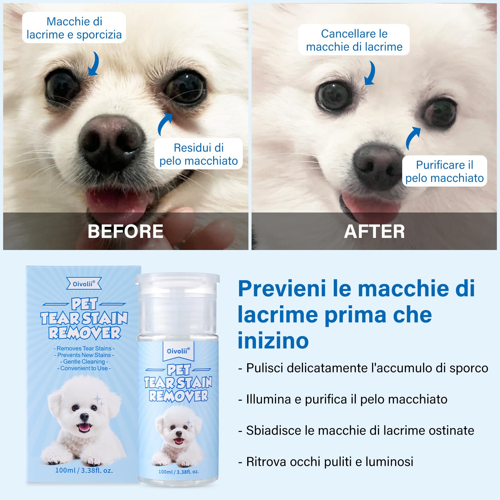 Rimozione lacrimale naturale per cani e gatti 100 ml, tamponi per la pulizia degli occhi 50 pezzi – formula delicata, sicura e non irritante – rimuove efficacemente macchie lacrimali, secrezioni