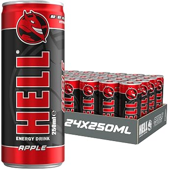 HELL Energy Drink Apple Flavor 24 x 250 ml Cans Multipack 32 mg/100 ml Caffeine Contains Vitamins B2 B3 B5 B6 B12 Preservative Free Vegan Reduces Fatigue and Increases Energy