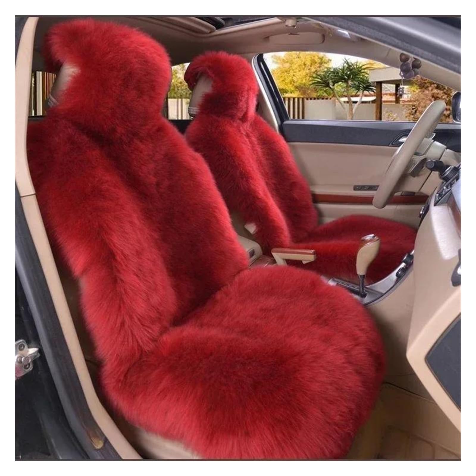 DZSYBUIGB Car Seat Covers - Warm Plush Universal Long Wool Fur Car Front Seat Protect Cushion Mat - Wine Red