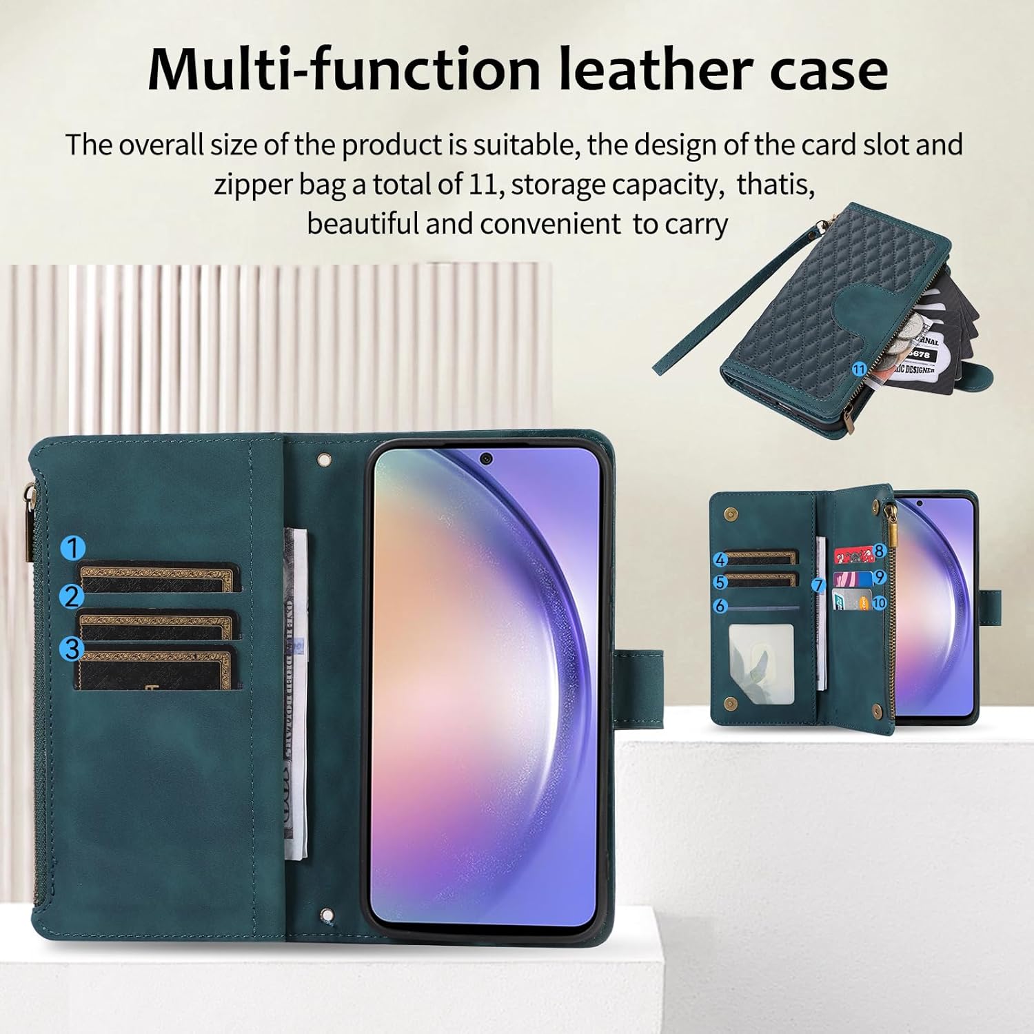 Asuwish Phone Case for Samsung Galaxy S25 Plus S25+ 5G Wallet Cover With Tempered Glass Screen Protector and Crossbody Wrist Strap Flip Zipper Card Holder Cell S25plus 25S + S 25 25+ Women Girls Green - Image 2