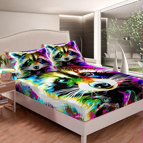 Miniatura 3 de Erosebridal Juego de sábanas de teñido anudado, tamaño individual, juego de sábanas bajeras de mapache acuarela lindo juego de ropa de cama de