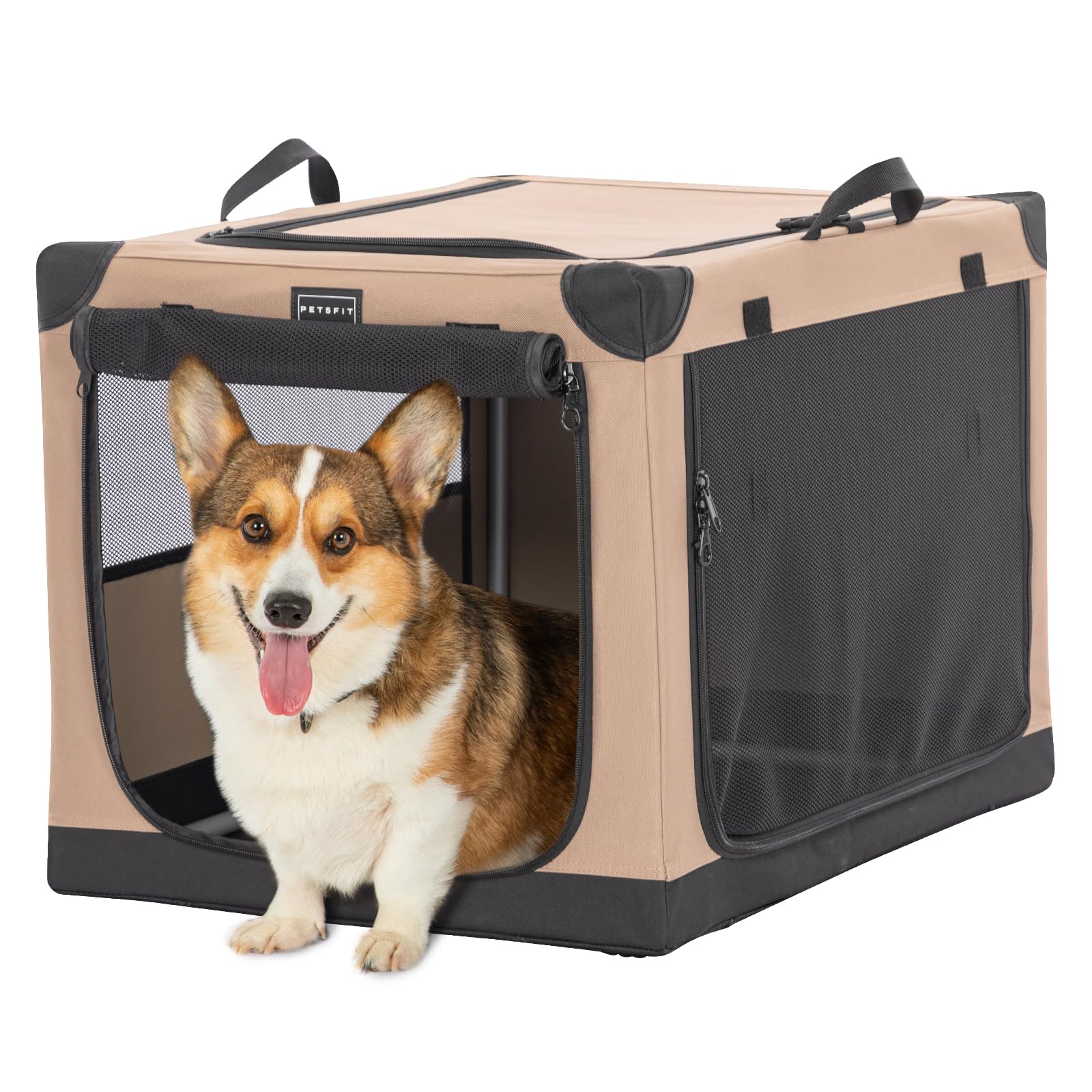 Petsfit Soft Dog Kennel, Adjustable Fabric Dog Crate by Spiral Iron Pipe, Cat Cages Indoor 3 Door Design Dog Travel Crate 76 cm L x 50 cm W x 49 cm H Khaki