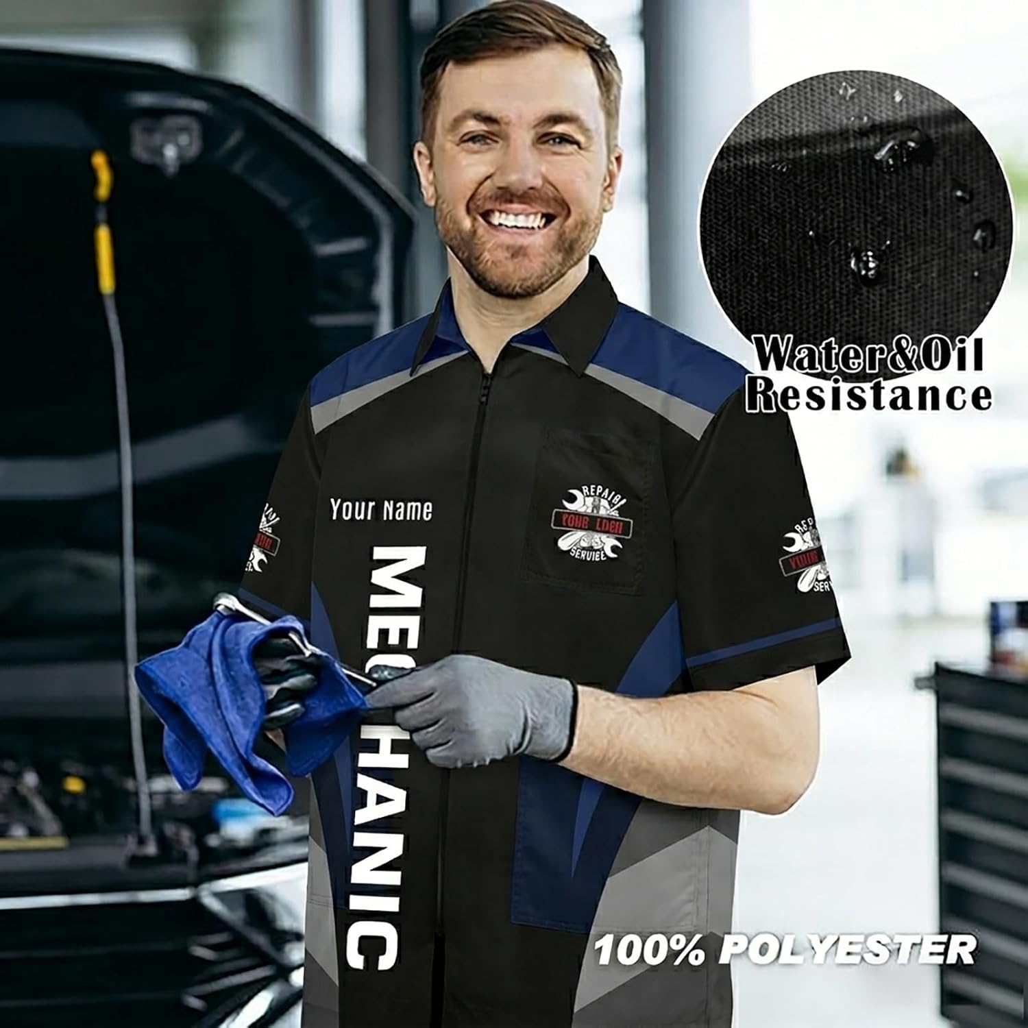 Custom Mechanic Work Shirts with Logo & Name, Personalized Men Auto Repair Workwear Automotive Uniform Jacket Smock