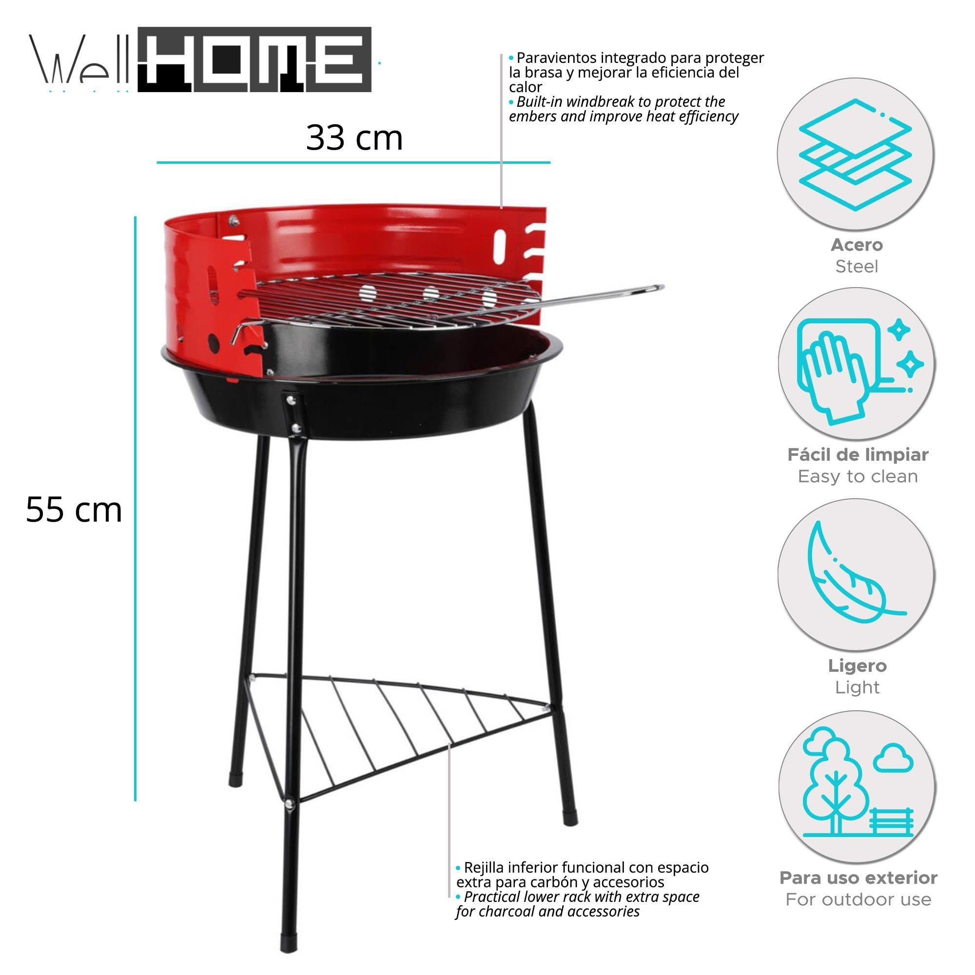 Well Home Barbacoa de 3 patas con Parrilla cromada en color negro 32x33x55cm + Set de Utensilios 5 en 1 para barbacoa Negro