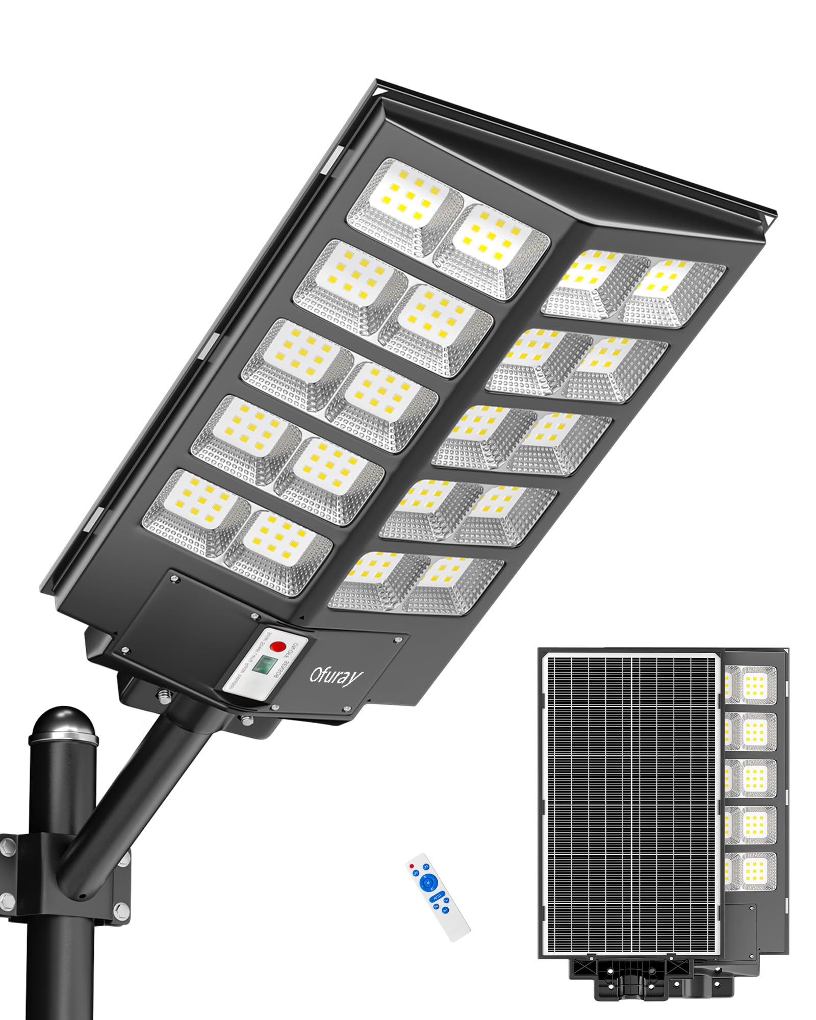 Ofuray Solar Straßenlaterne für Außen, Solarlampen mit Bewegungsmelder, 6500K Superhelle Led Solar Strahler Außen mit Fernbedienung, IP67 Wasserdicht Solarleuchte für Gärten, Garage
