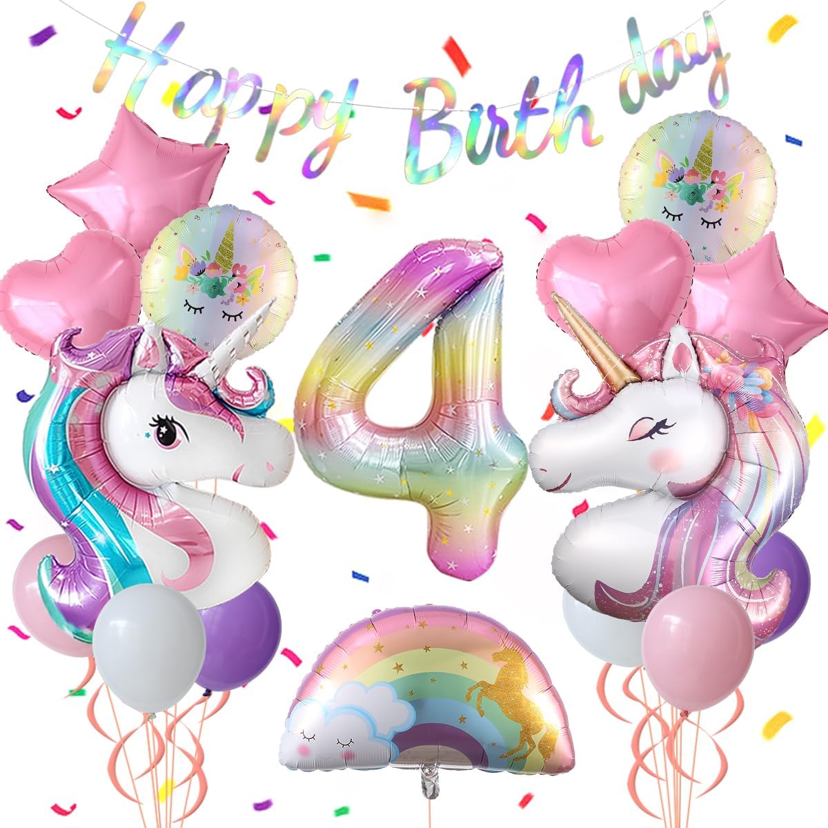 Unicorn 4th Birthday Party Decorations for Girl Purple Pink Theme Balloon Set, Large Rainbow Unicorn Helium Balloons with Heart and Star Baby Shower Kids Supplies (number 4 set)