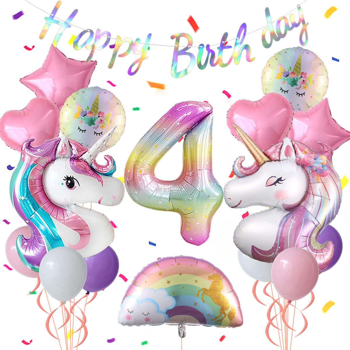 Unicorn 4th Birthday Party Decorations for Girl Purple Pink Theme Balloon Set, Large Rainbow Unicorn Helium Balloons with Heart and Star Baby Shower Kids Supplies (number 4 set)
