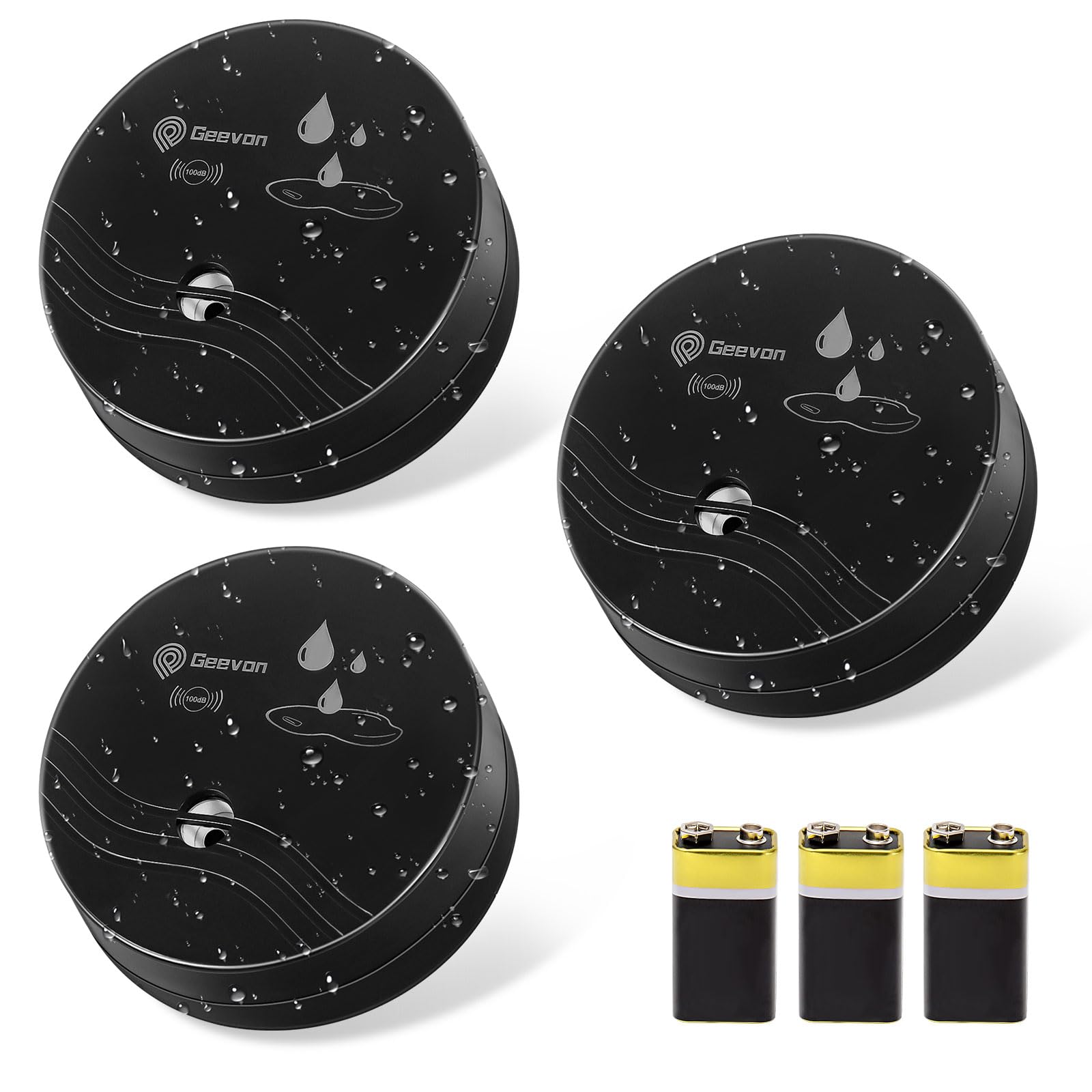 Geevon 3 Pack Water Leak Detectors, 100dB Water Sensor Alarms Flood Detector for Basements, Bathrooms, Laundry Rooms, Kitchens, Garages, and Attics, Water Alarms Battery-Operated (Battery Included)