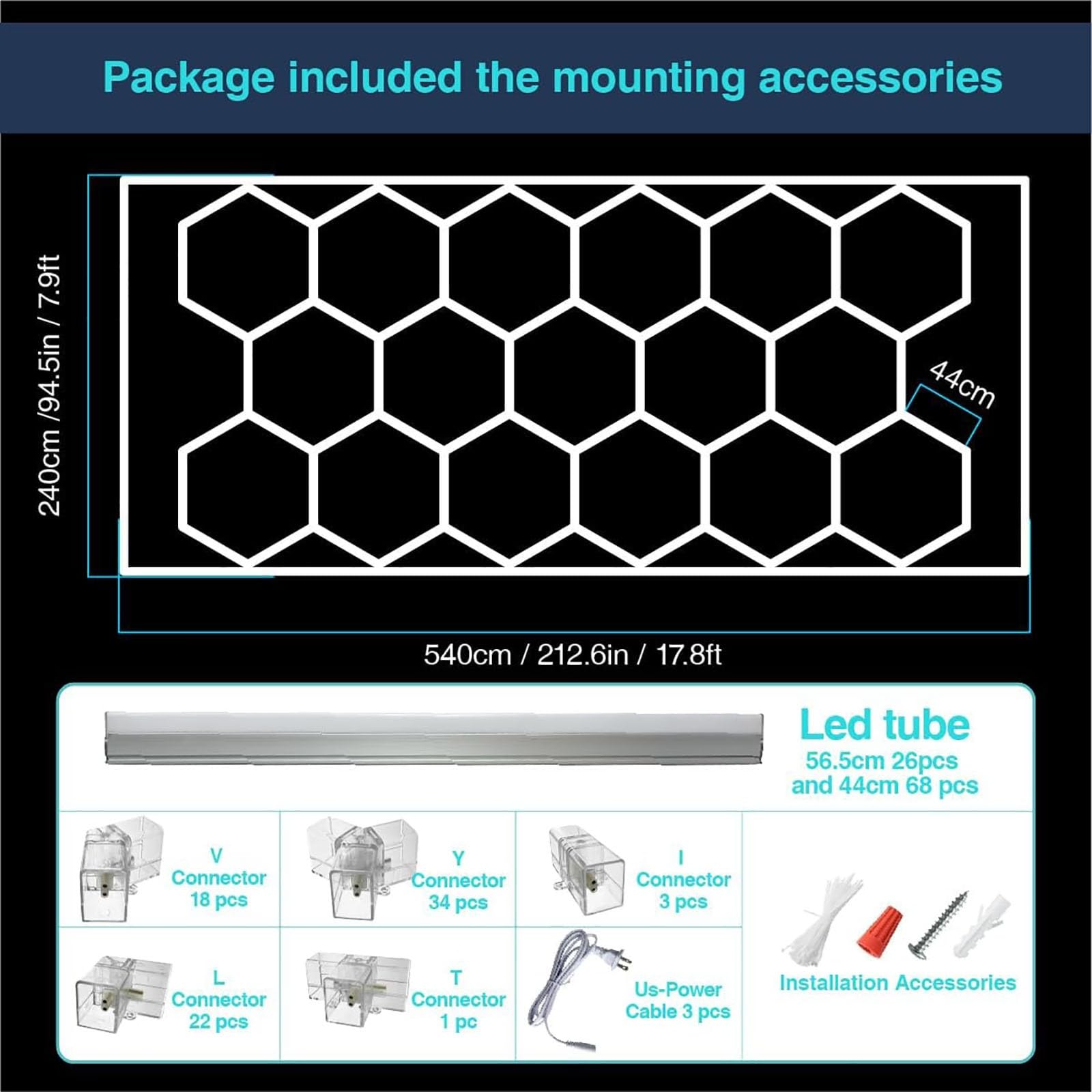 Hexagon Garage Lights,6500k pour plafond garage,14 Holes éclairage LED avec cadre rectangulaire pour garage,entrepôt,atelier,salle sport,salle lavage automobile
