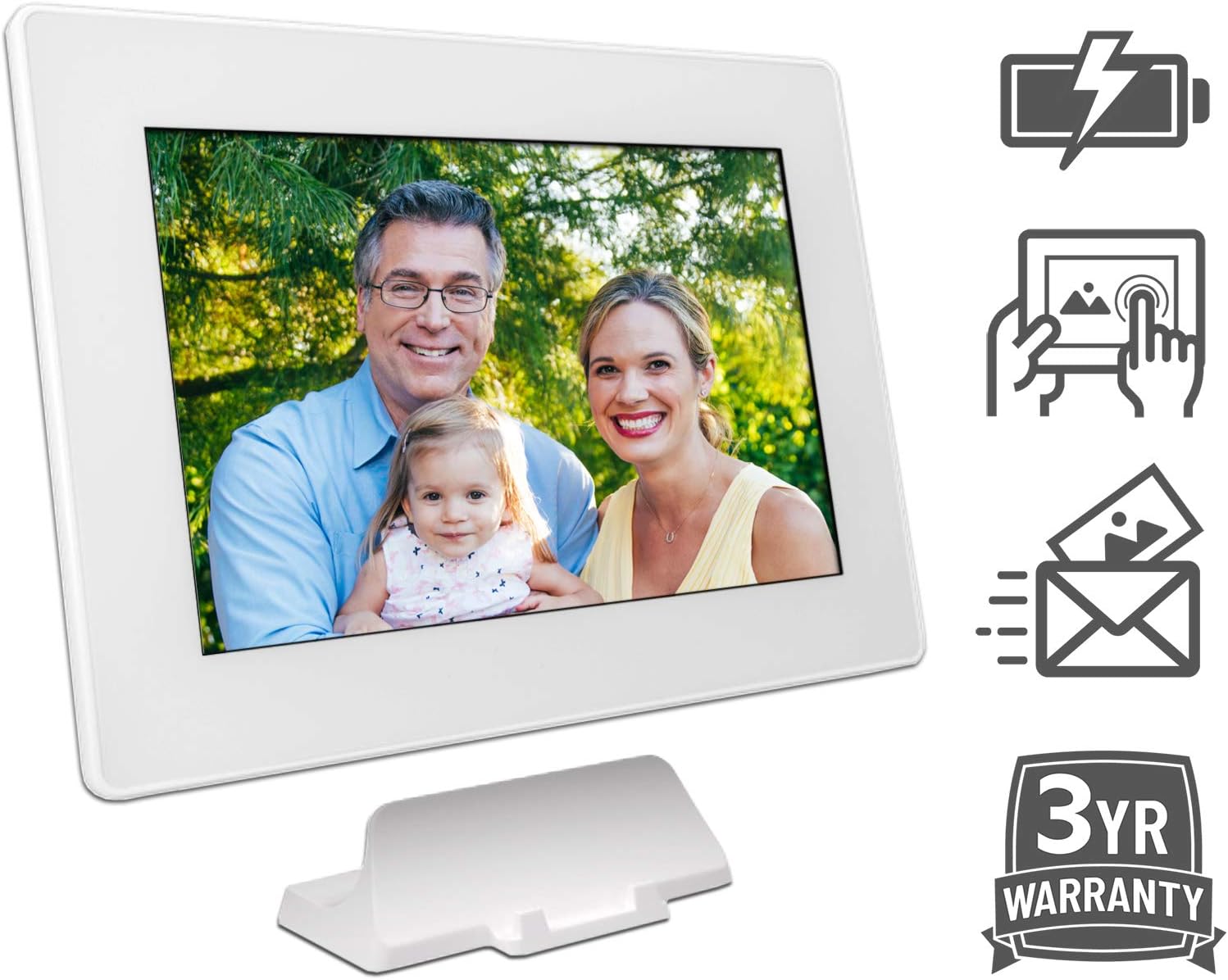 PhotoSpring (64GB) 10-inch WiFi Cloud Digital Picture Frame - Battery, Touch-Screen, Plays Video and Photo Slideshows, HD IPS Display, iPhone & Android app (White - 65,000 Photos)