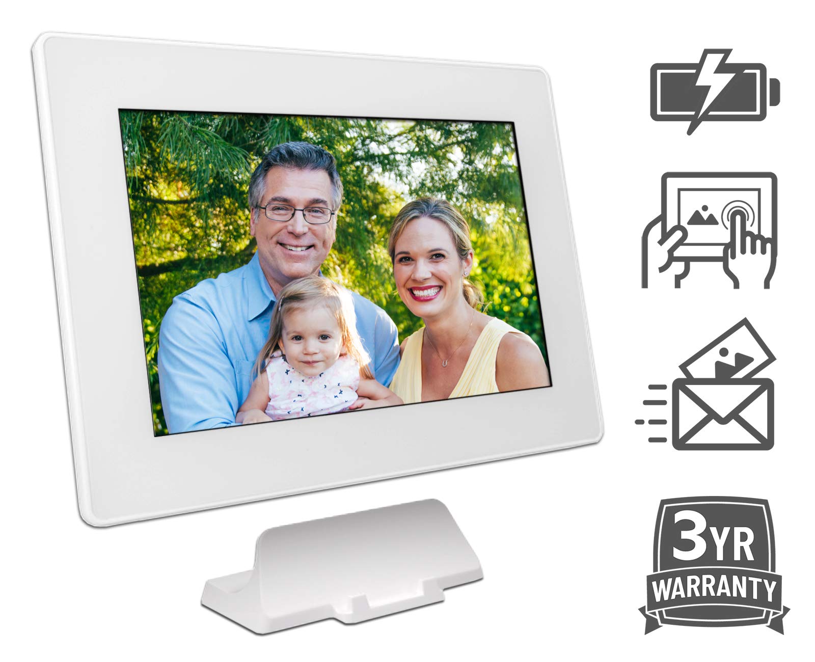 PhotoSpring (64GB) 10-inch WiFi Cloud Digital Picture Frame - Battery, Touch-Screen, Plays Video and Photo Slideshows, HD IPS Display, iPhone & Android app (White - 65,000 Photos)